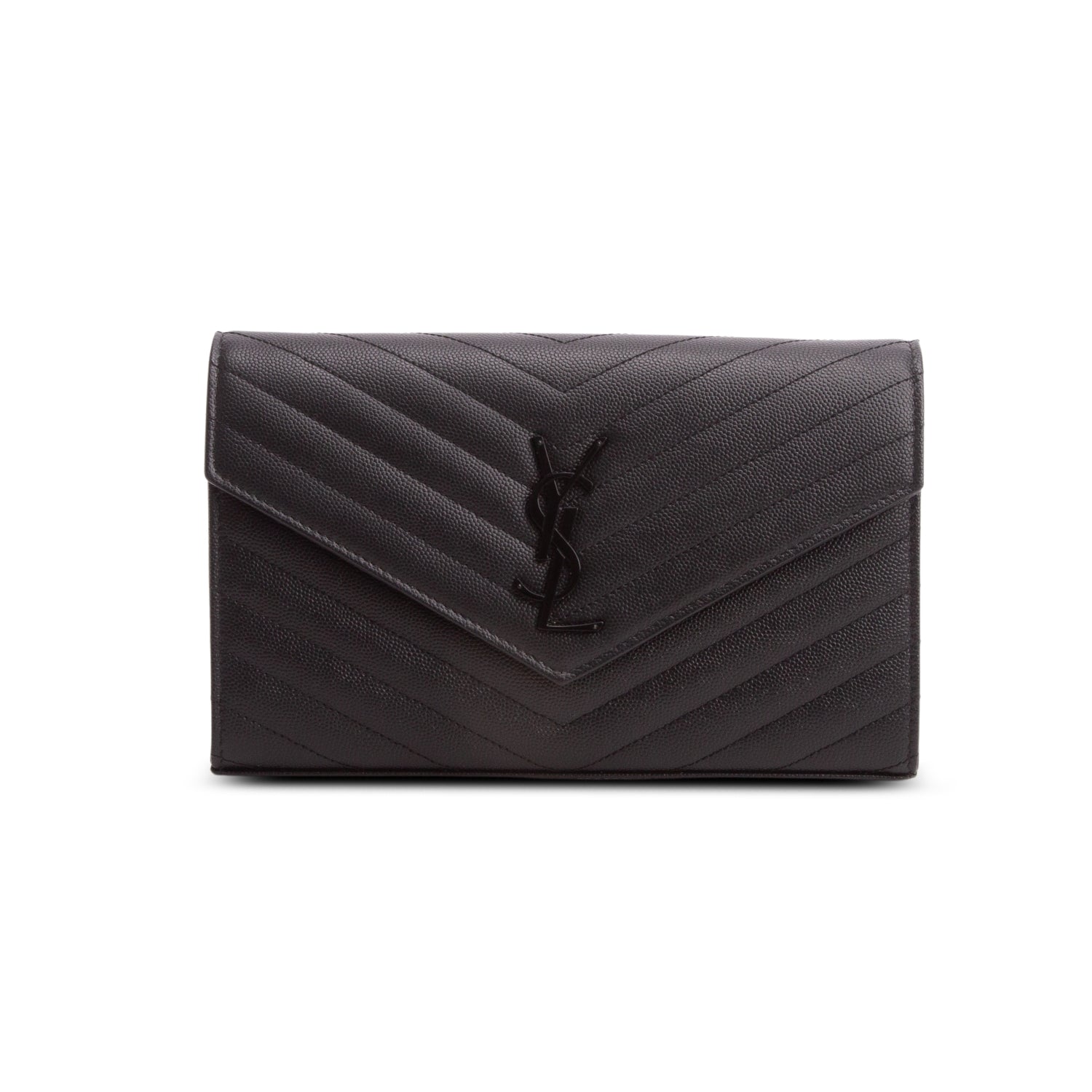 Saint Laurent 2022 So Black Grain De Poudre Matelasse Chevron Monogram Monochrome Envelope Chain Wallet