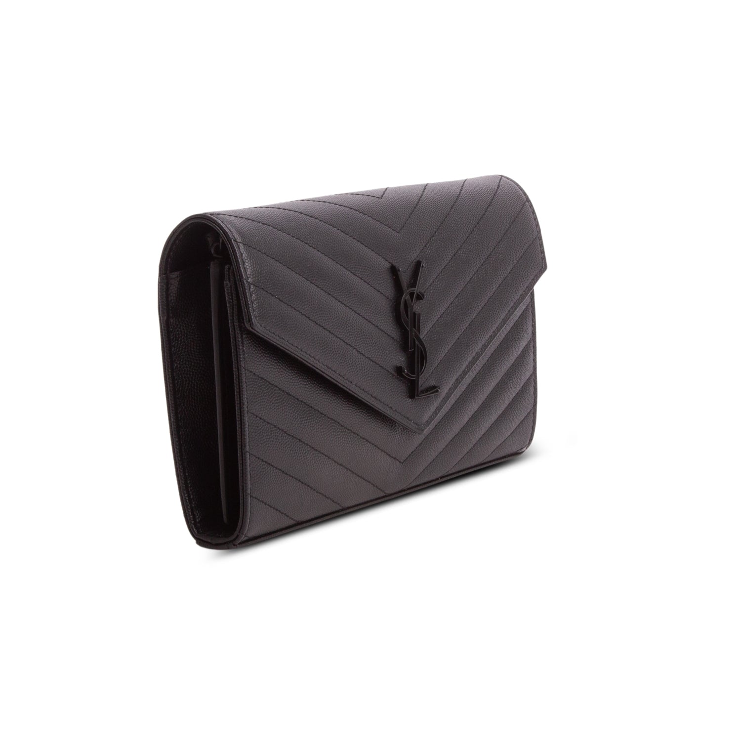 Saint Laurent 2022 So Black Grain De Poudre Matelasse Chevron Monogram Monochrome Envelope Chain Wallet