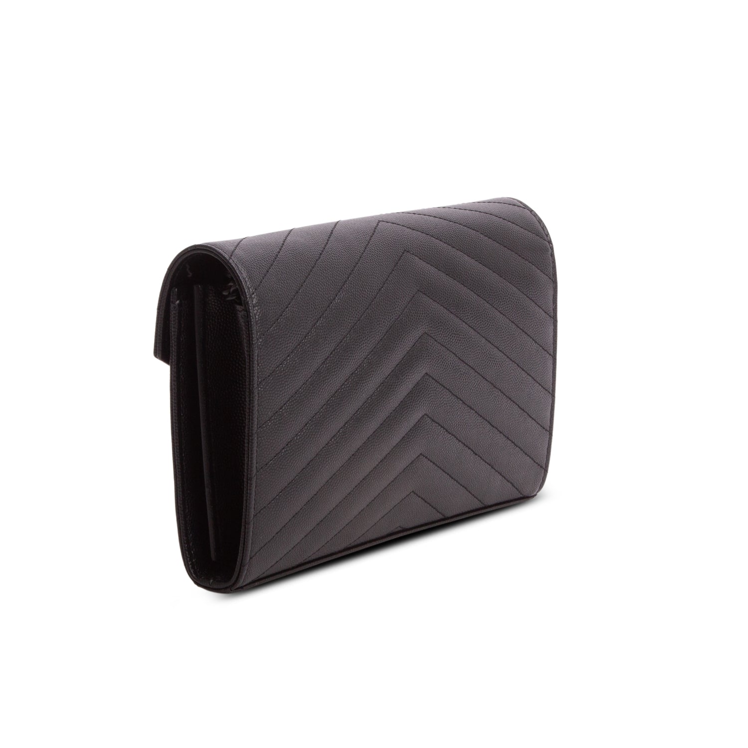 Saint Laurent 2022 So Black Grain De Poudre Matelasse Chevron Monogram Monochrome Envelope Chain Wallet