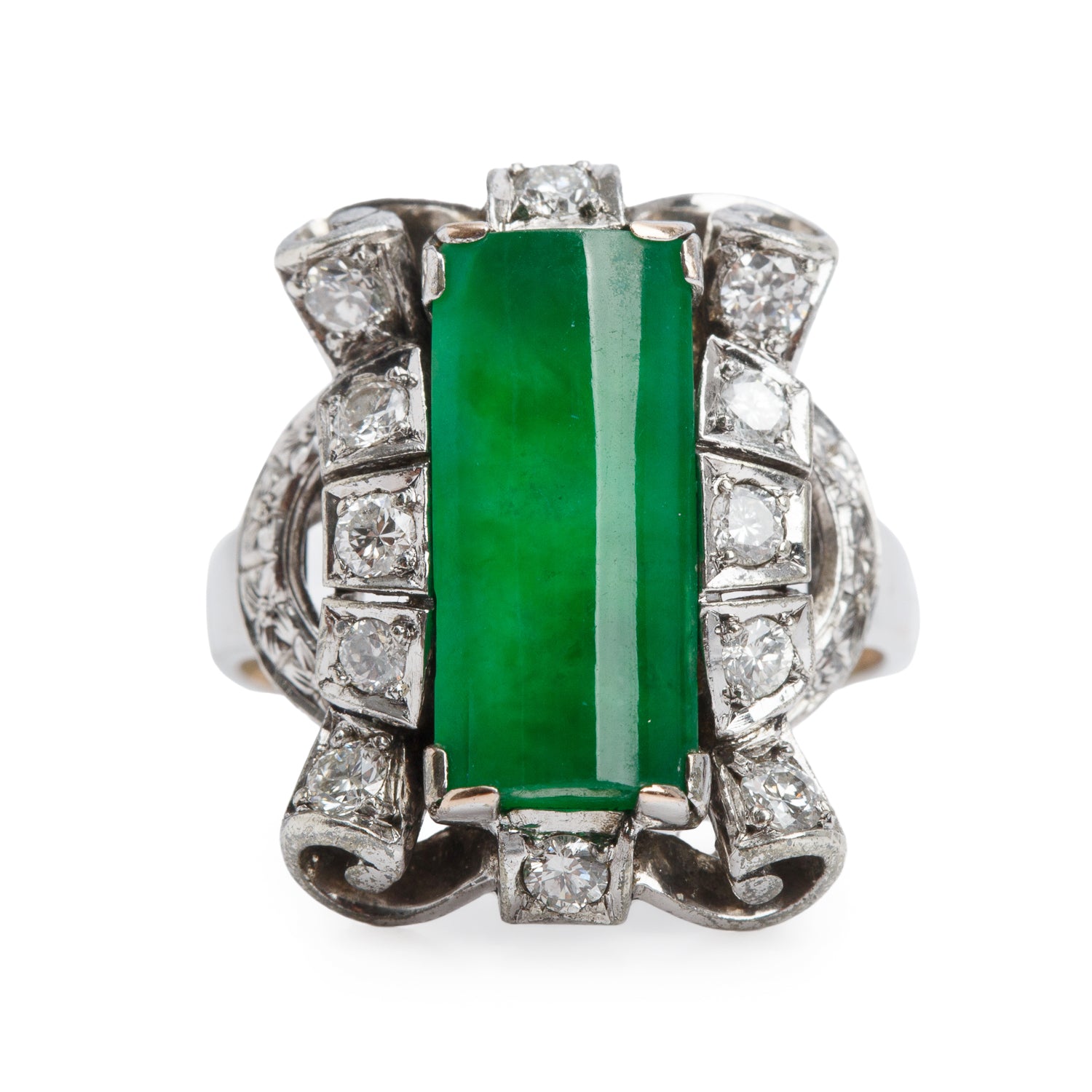 14k White Gold Jade & Diamond Cocktail Ring, Size 5.75