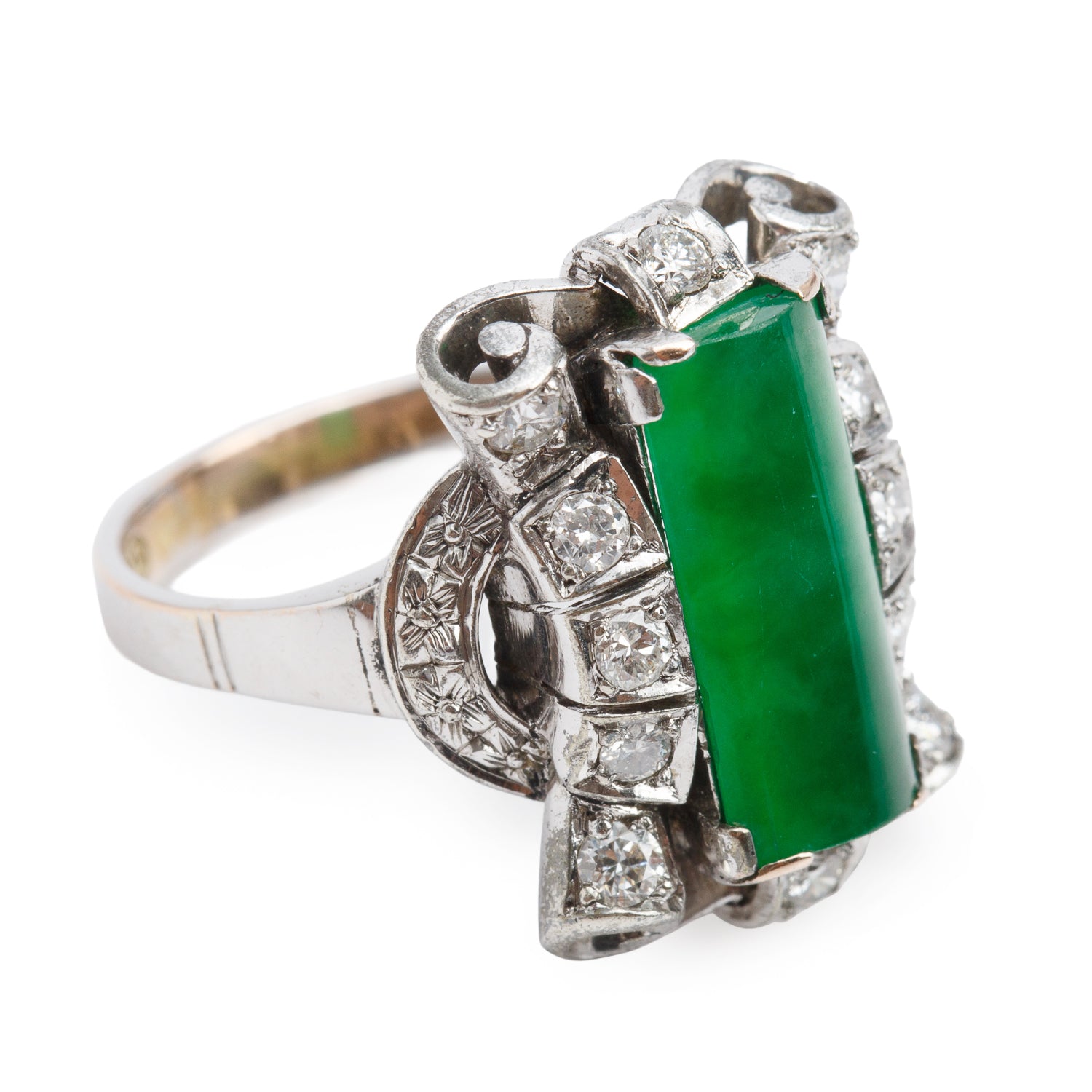 14k White Gold Jade & Diamond Cocktail Ring, Size 5.75