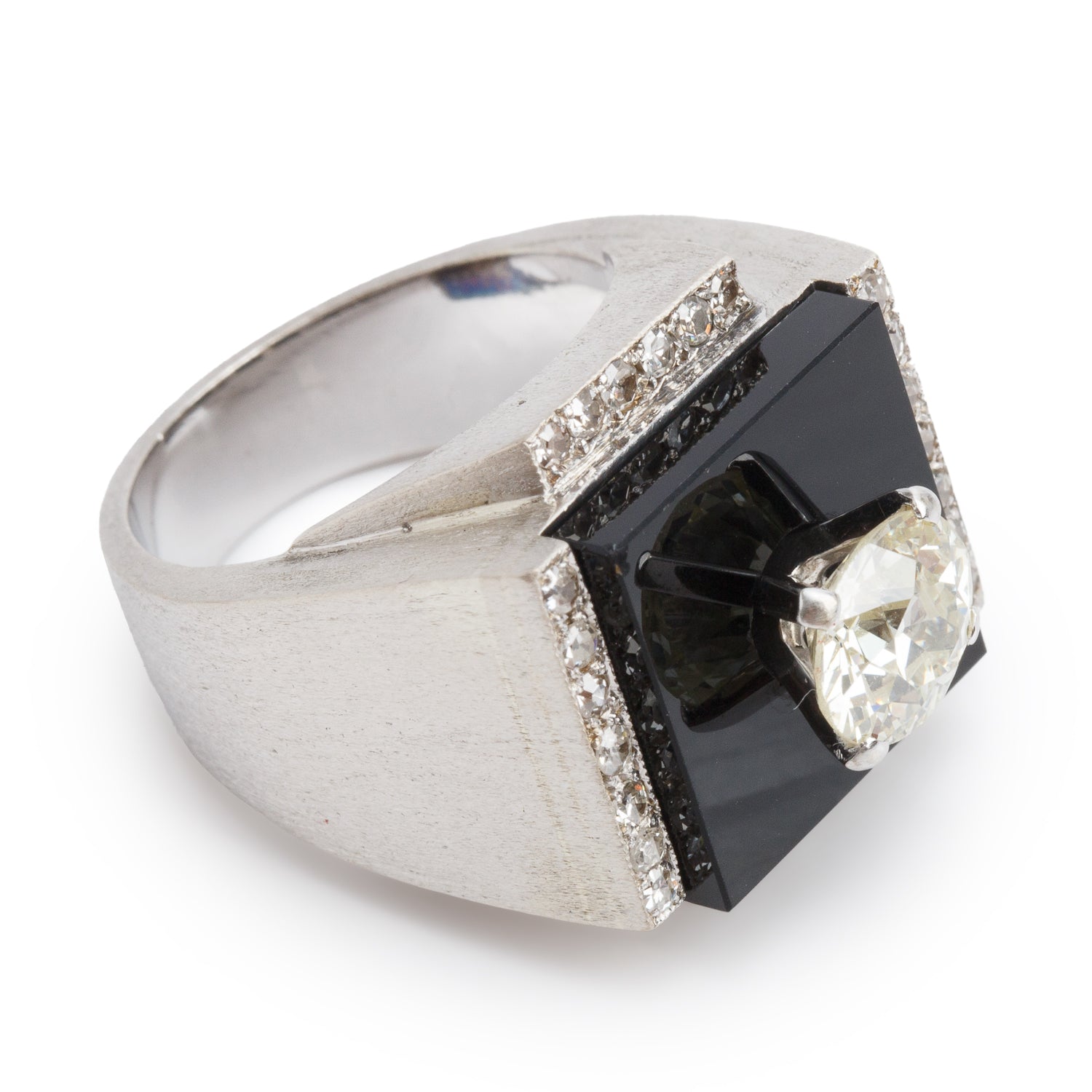 Gents 10k White Gold Black Onyx and Diamond Ring, Size 8.25