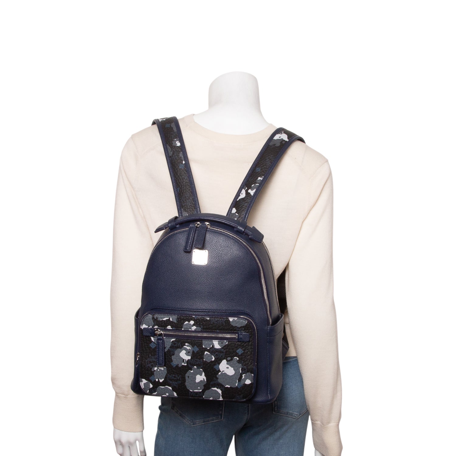 MCM Blue Calfskin Visetos Floral Leopard Klassik Small Stark Backpack