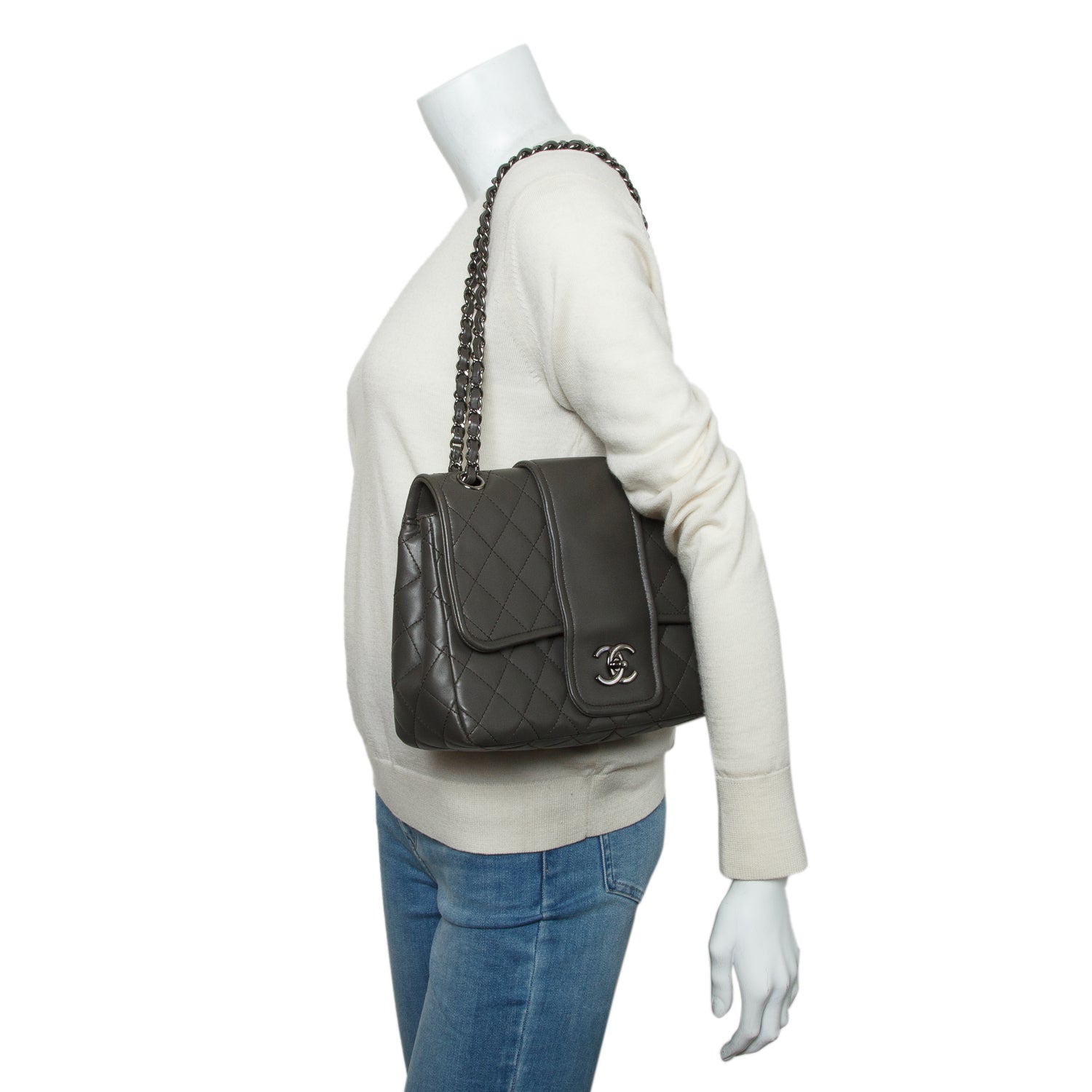 Chanel Grey Lambskin Quilted Elementary Chic Flap Bag w/ Authenticity Card