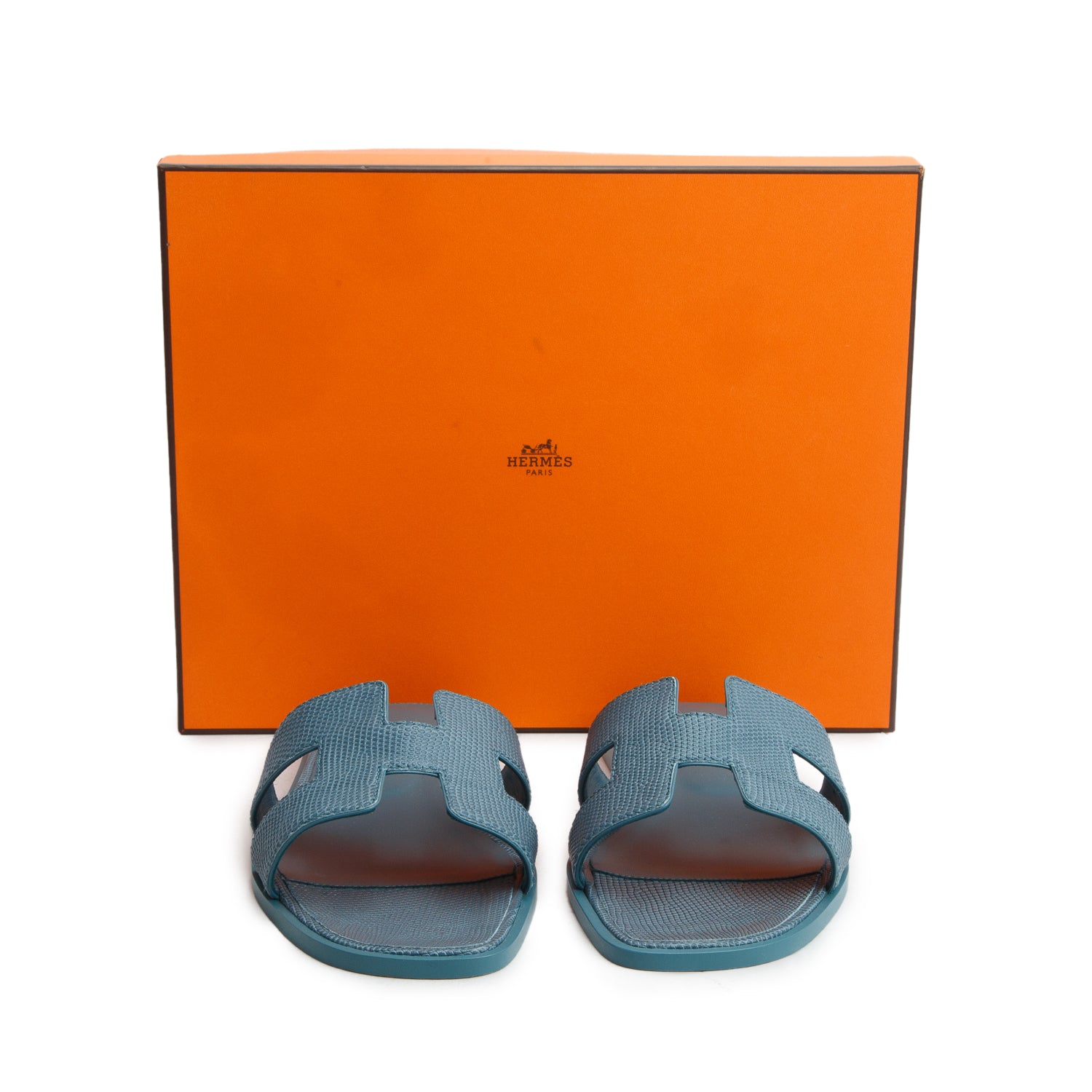 Hermes Bleu Paon Shiny Java Lizard Oran Sandals, Size 40 w/ Women's Box
