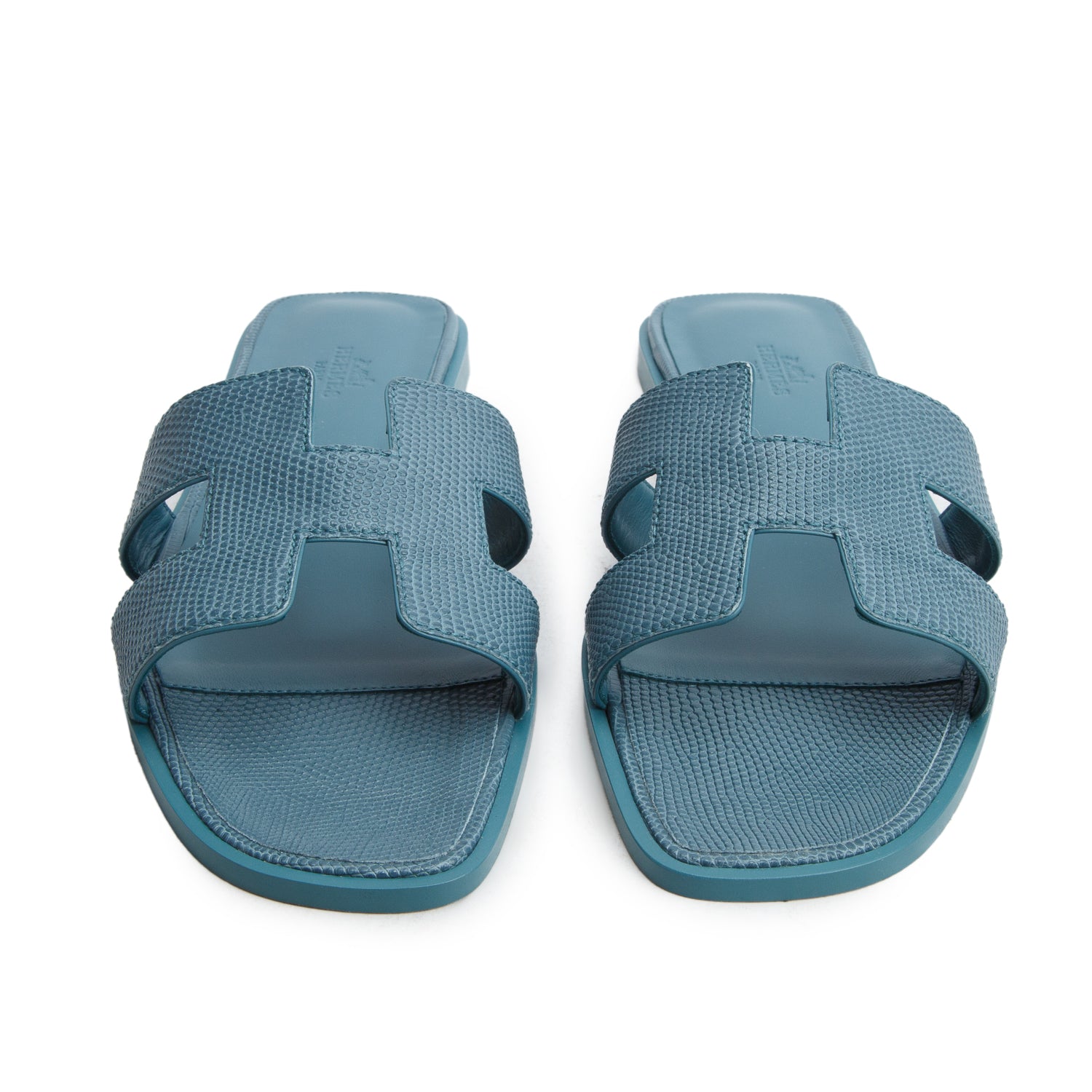 Hermes Bleu Paon Shiny Java Lizard Oran Sandals, Size 40 w/ Women's Box