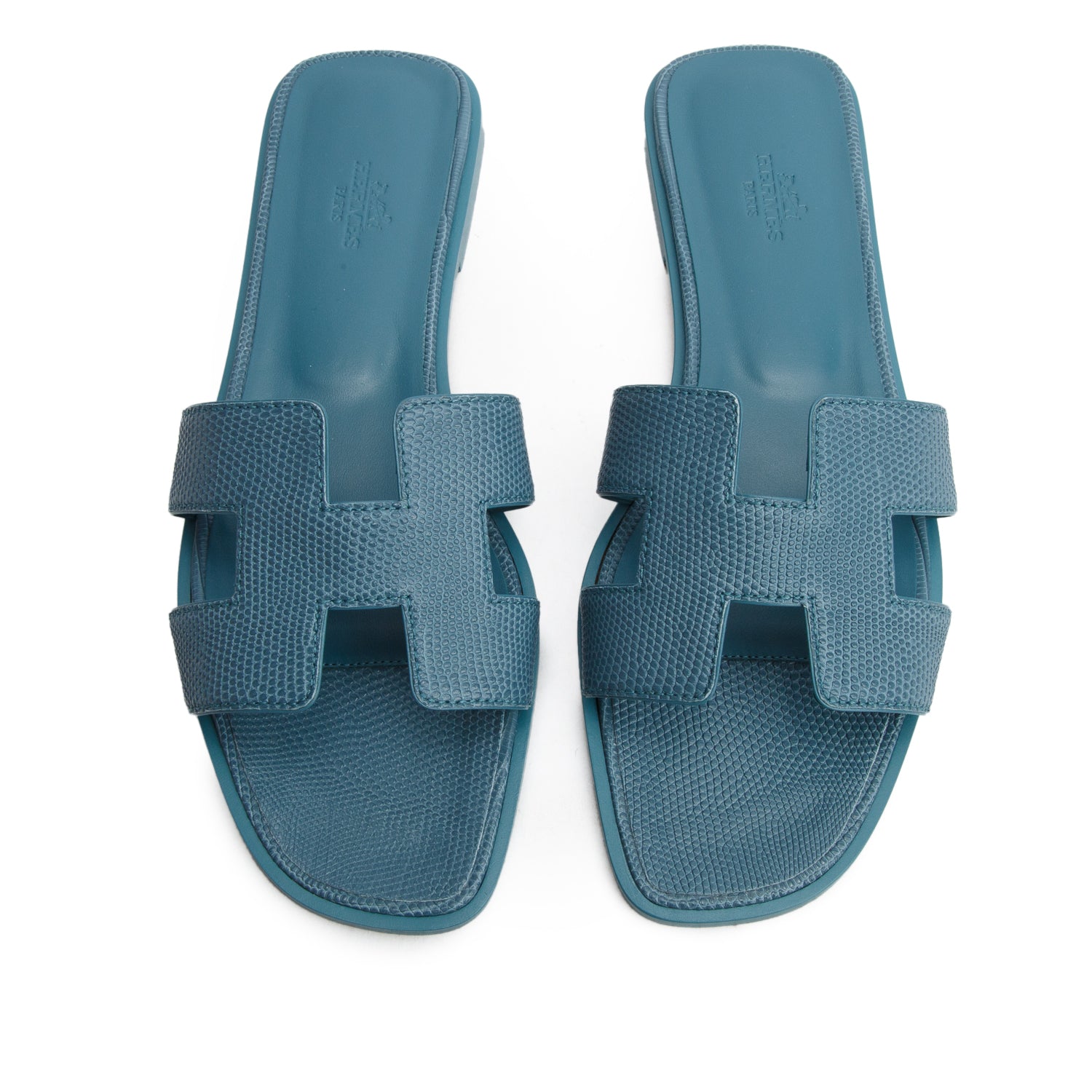 Hermes Bleu Paon Shiny Java Lizard Oran Sandals, Size 40 w/ Women's Box