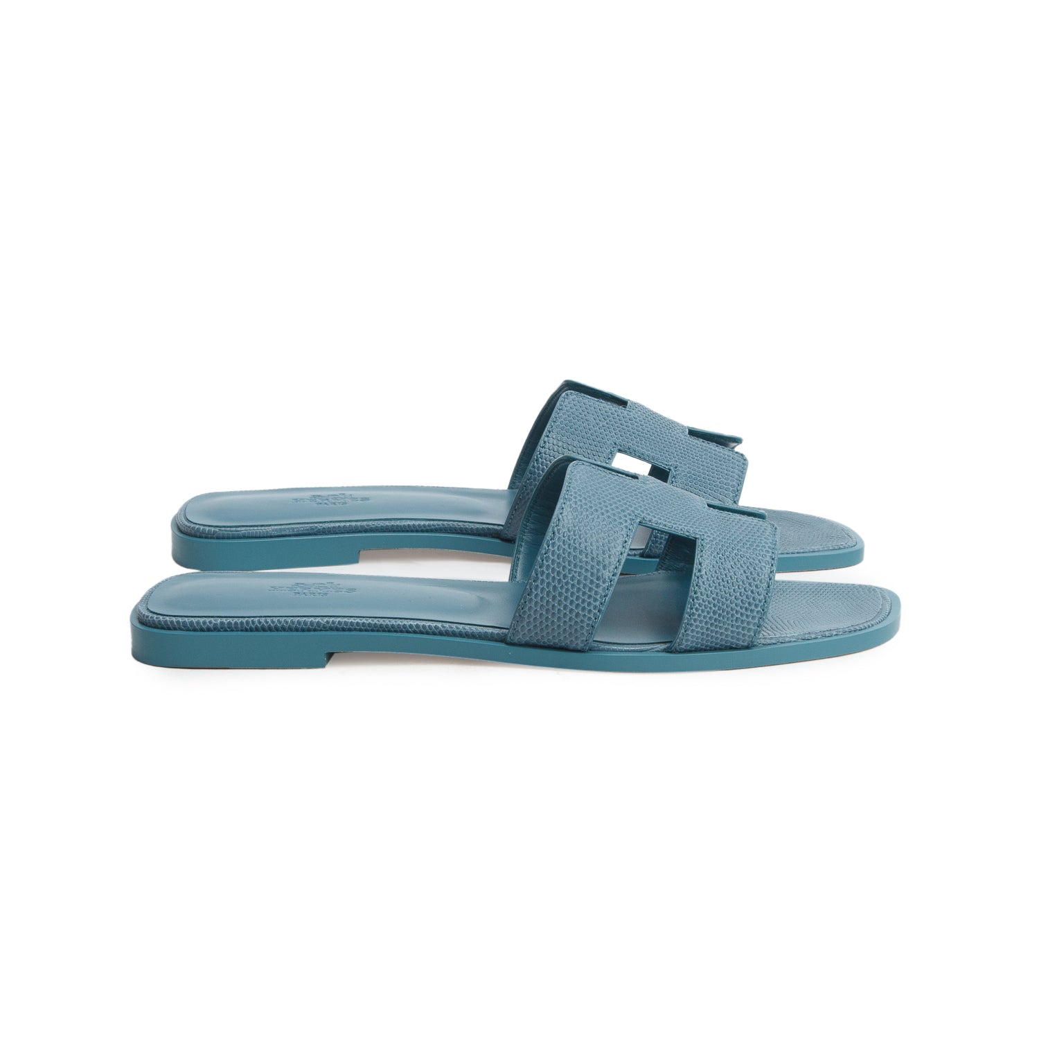 Hermes Bleu Paon Shiny Java Lizard Oran Sandals, Size 40 w/ Women's Box