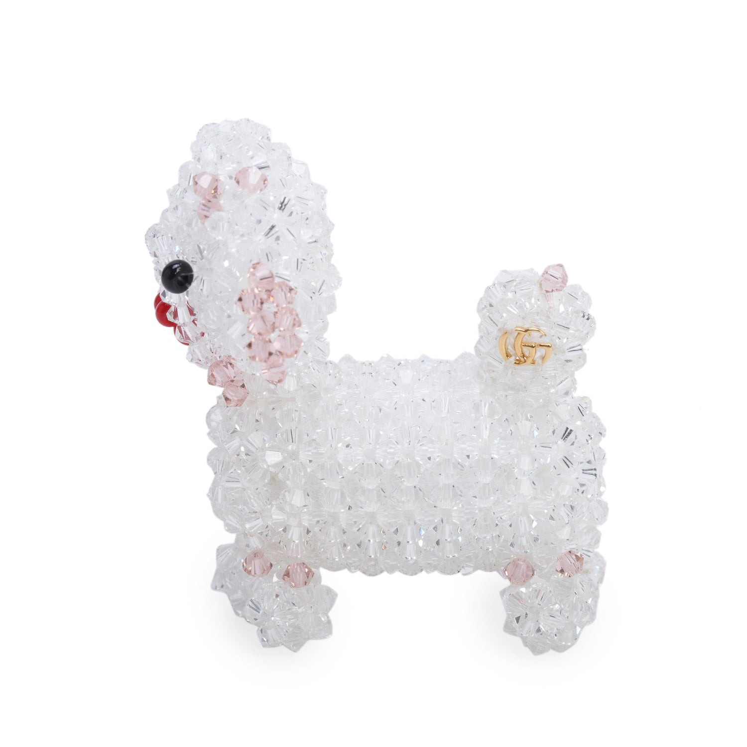 Gucci Gold Plated Metal Bead Embroidered Dog Pin Brooch w/ Box