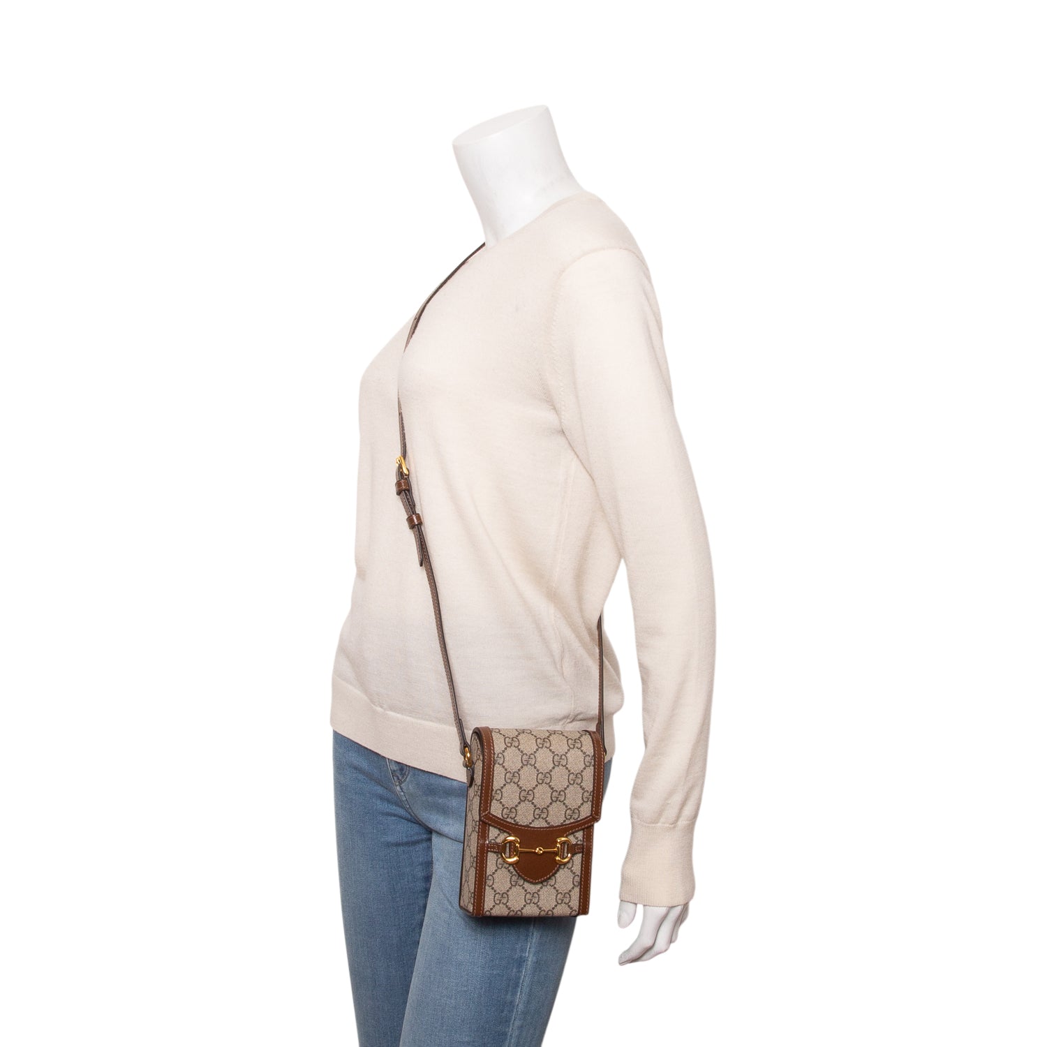 Gucci Brown GG Supreme Monogram Mini Horsebit 1955 Crossbody Bag w/ Box