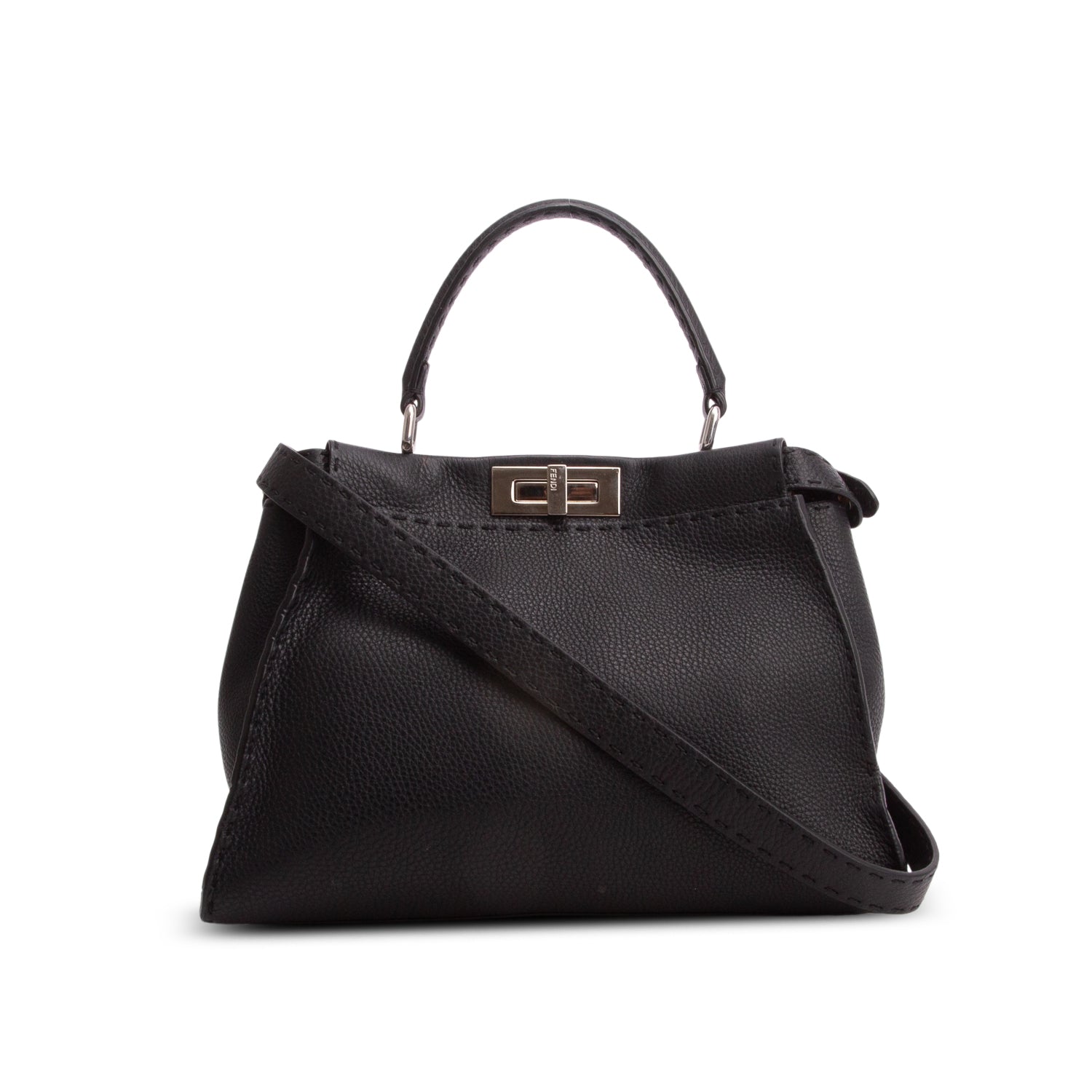 Fendi Black Cuioio Romano Selleria Medium Peekaboo Iconic Satchel w/ Strap