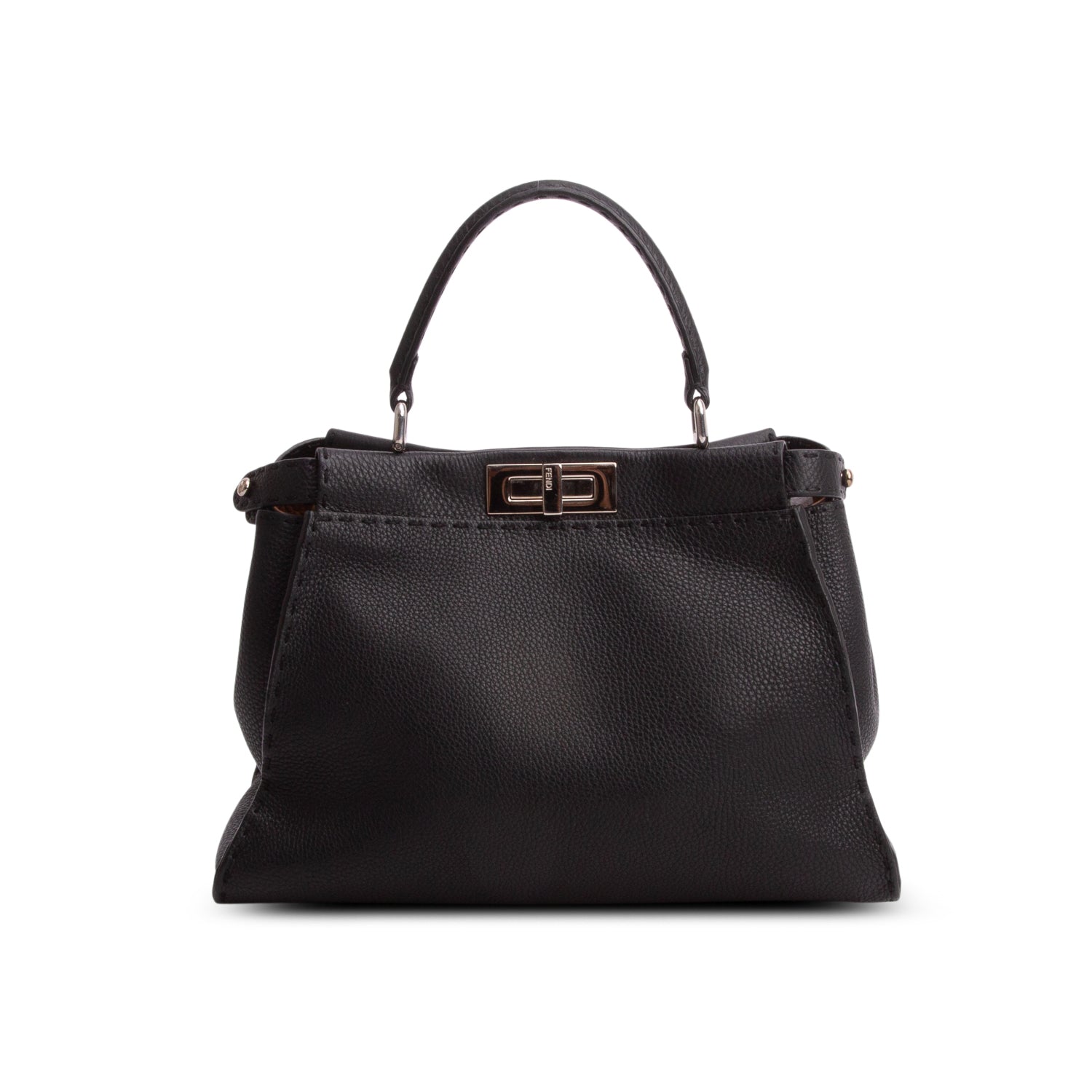 Fendi Black Cuioio Romano Selleria Medium Peekaboo Iconic Satchel w/ Strap
