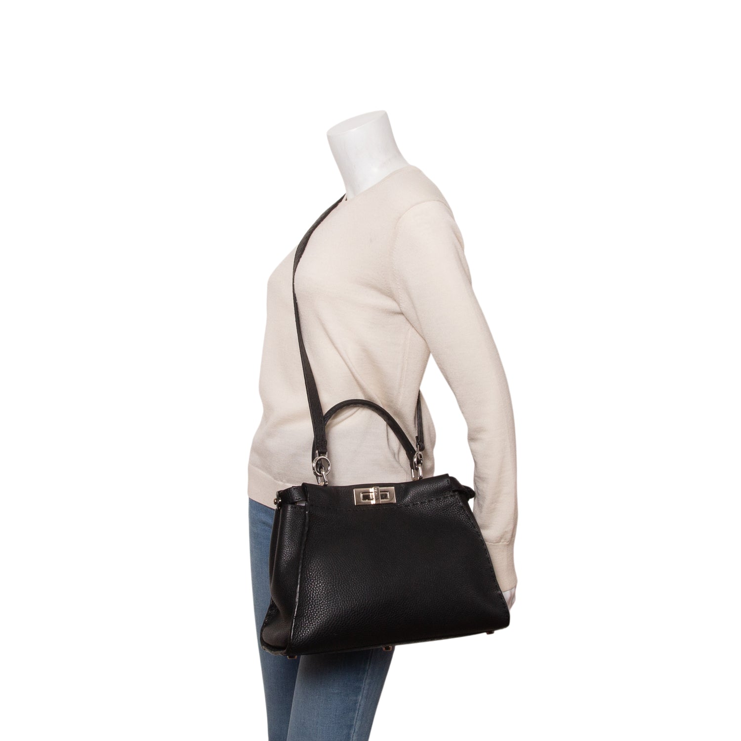 Fendi Black Cuioio Romano Selleria Medium Peekaboo Iconic Satchel w/ Strap