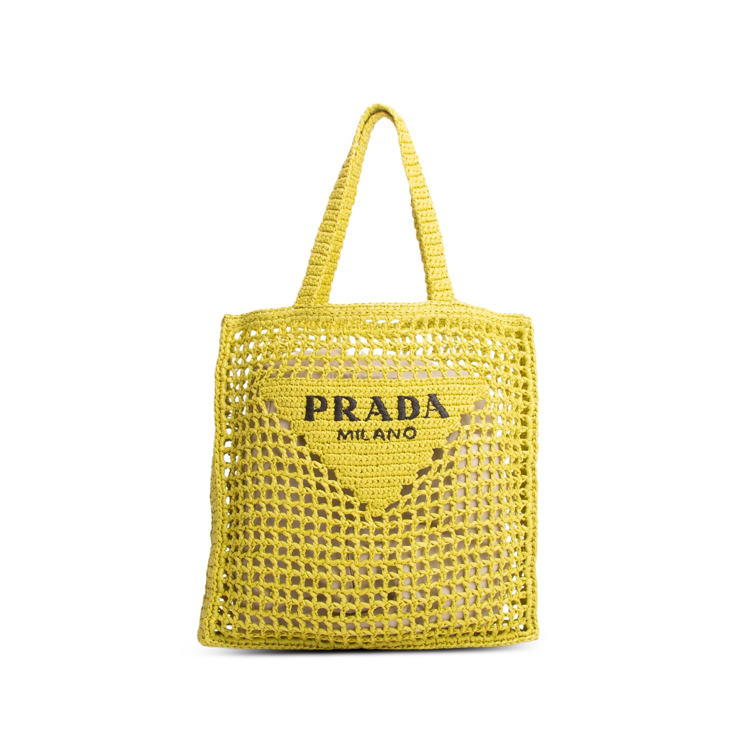 Prada Yellow Raffia Crochet Logo Embroidered Tote Bag w/ Authenticity Card