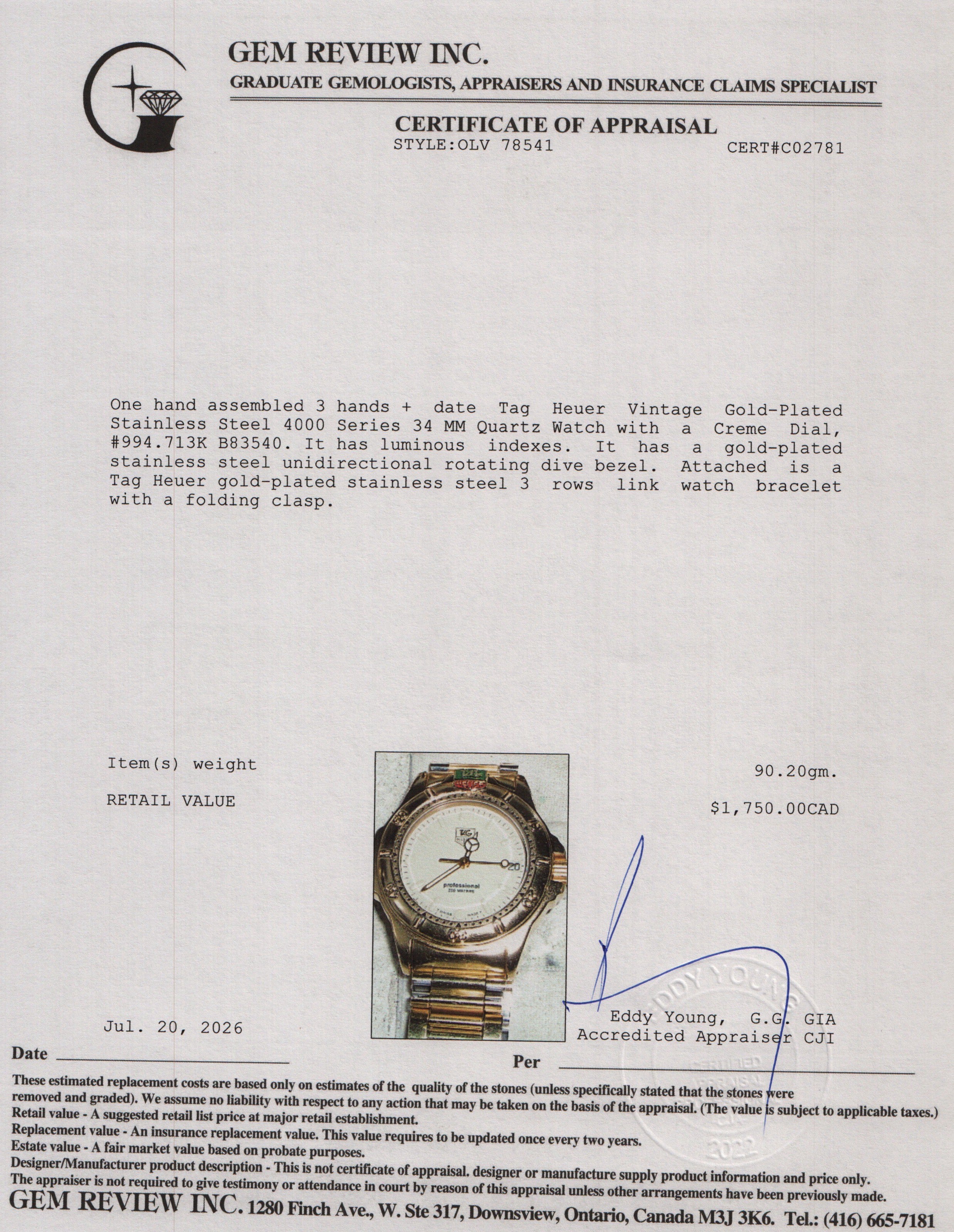 Tag Heuer Vintage Gold-Plated Stainless Steel 4000 Series 34 MM Quartz Watch Creme Dial 994.713K