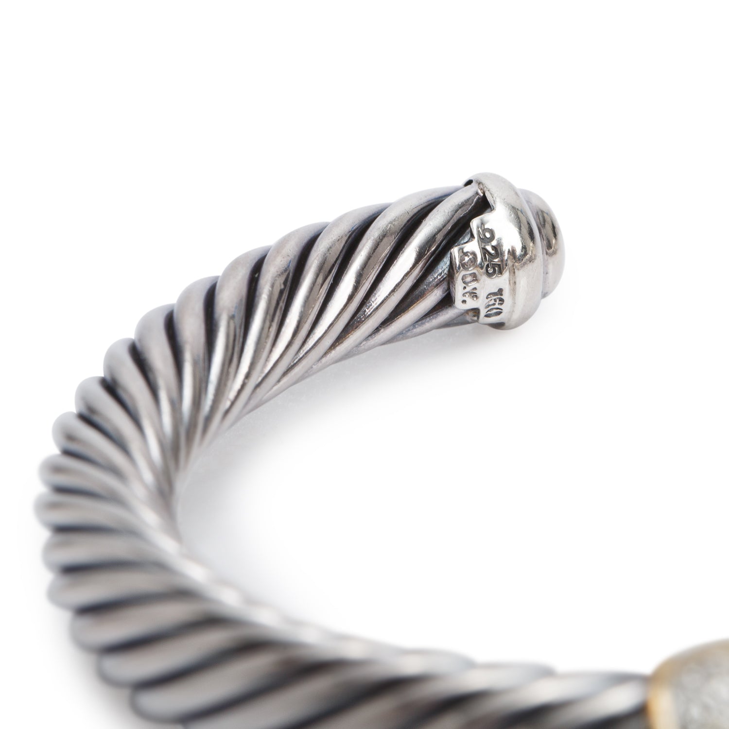 David Yurman Sterling Silver & 18k Yellow Gold Pave Diamond Station 7 MM Cable Cuff Bracelet