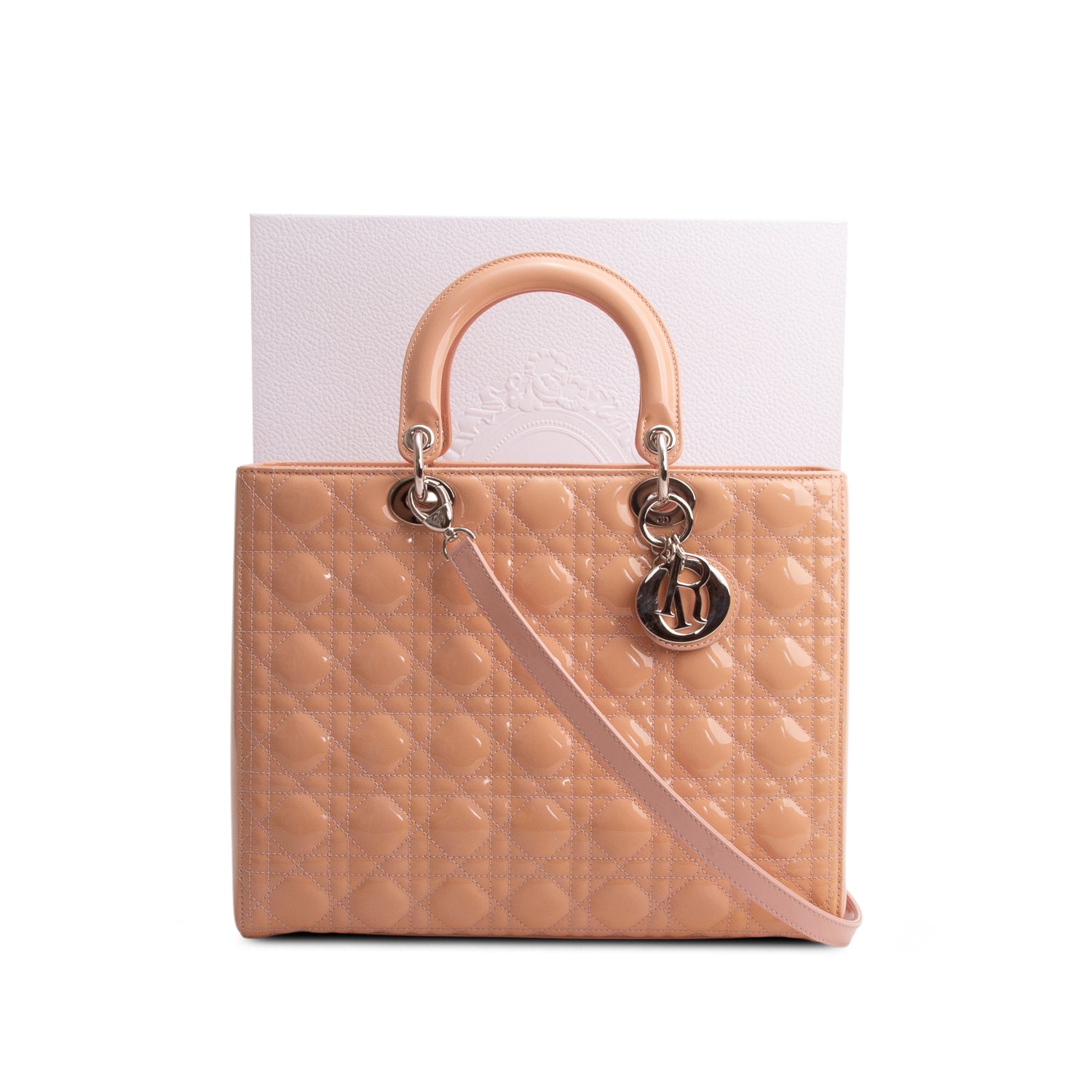 Christian Dior Pink Cannage Patent Leather Large Lady Dior w/ Box & Strap