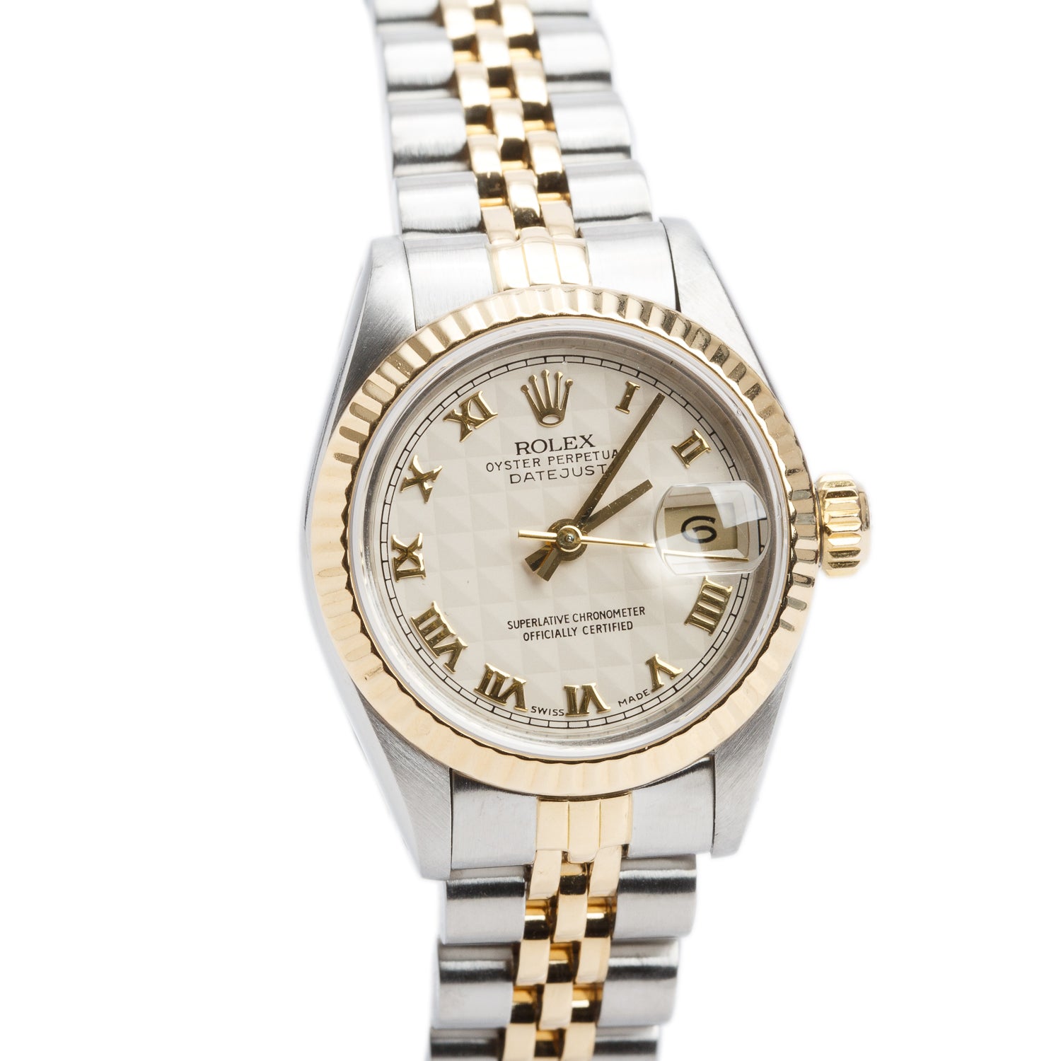 Rolex Stainless Steel & 18k Yellow Gold Datejust 26 MM Watch Ivory Pyramid Dial 69173 w/ Box & Papers