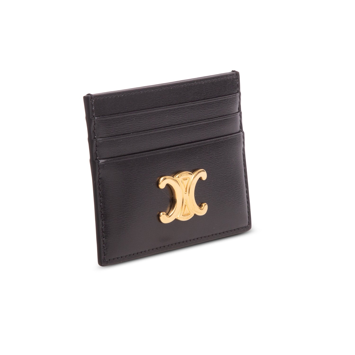Celine 2024 Black Shiny Calfskin Triomphe Logo Card Holder w/ Box