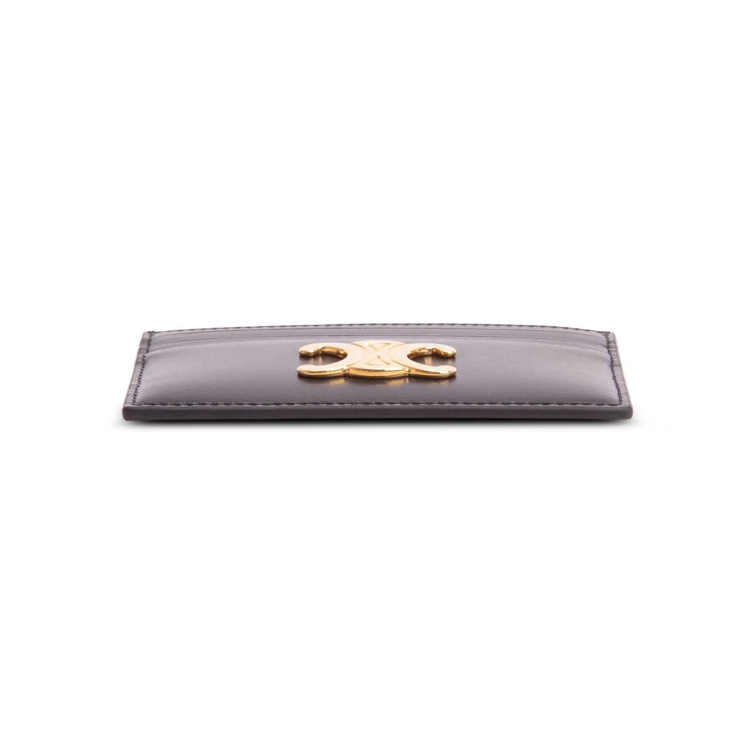 Celine 2024 Black Shiny Calfskin Triomphe Logo Card Holder w/ Box