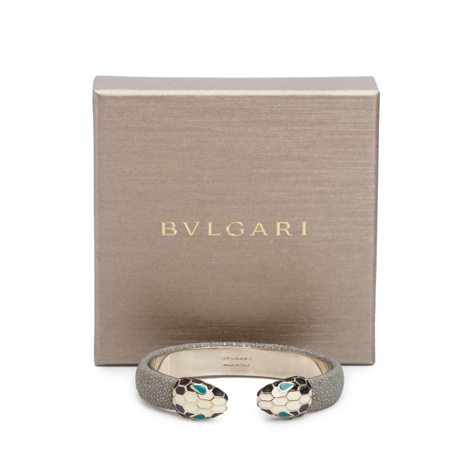 BVLGARI Serpenti Forever Grey Galuchat Stingray Leather & Enamel Bracelet w/ Box