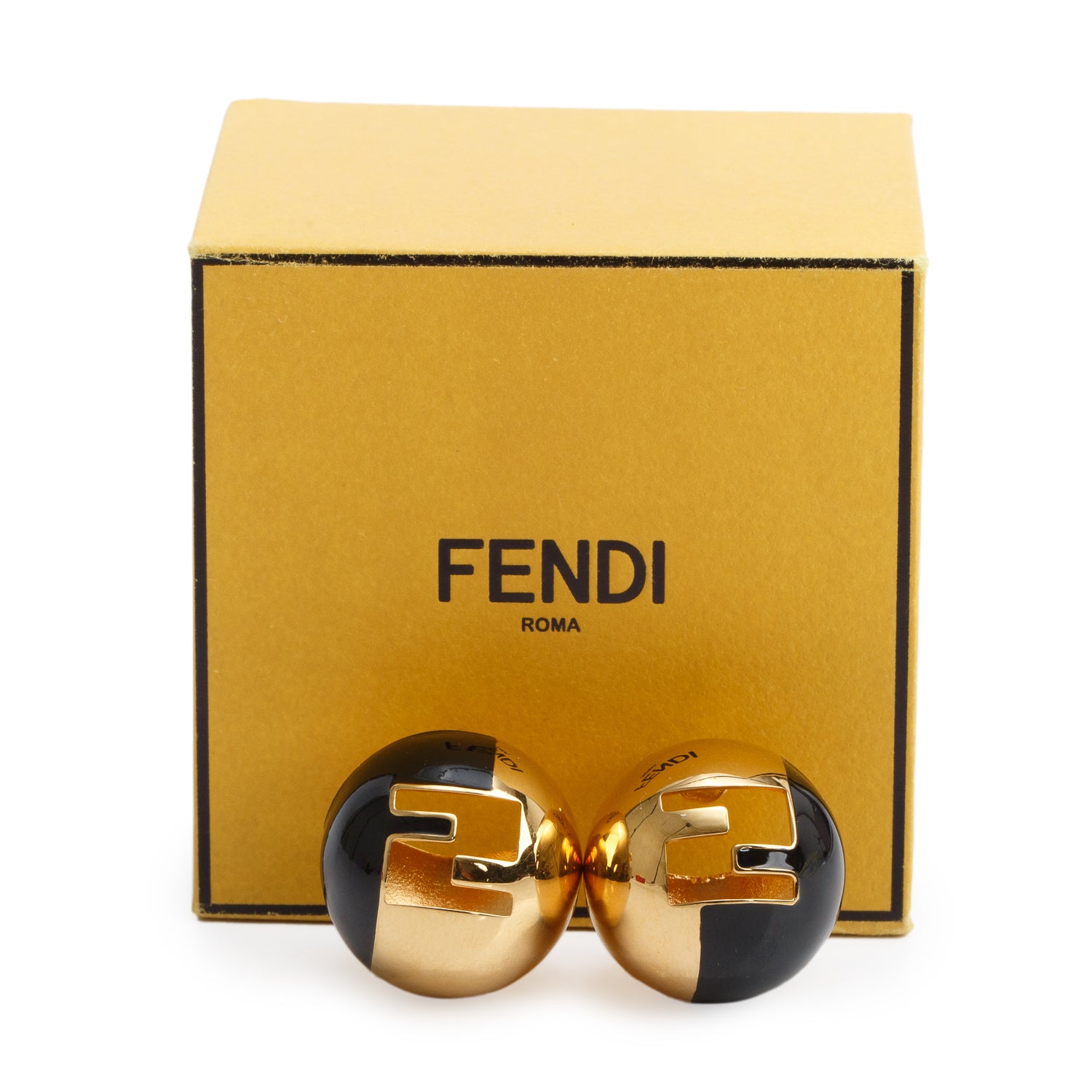 Fendi Gold-Tone Metal Black Resin FF Sphere Earrings w/ Box