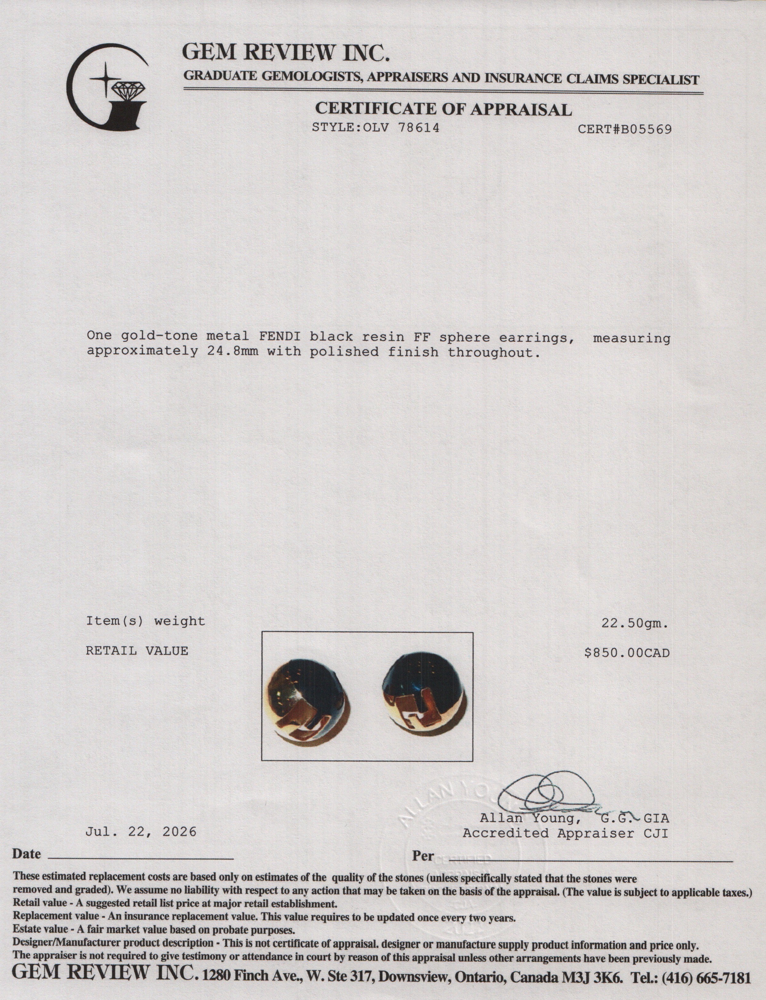 Fendi Gold-Tone Metal Black Resin FF Sphere Earrings w/ Box
