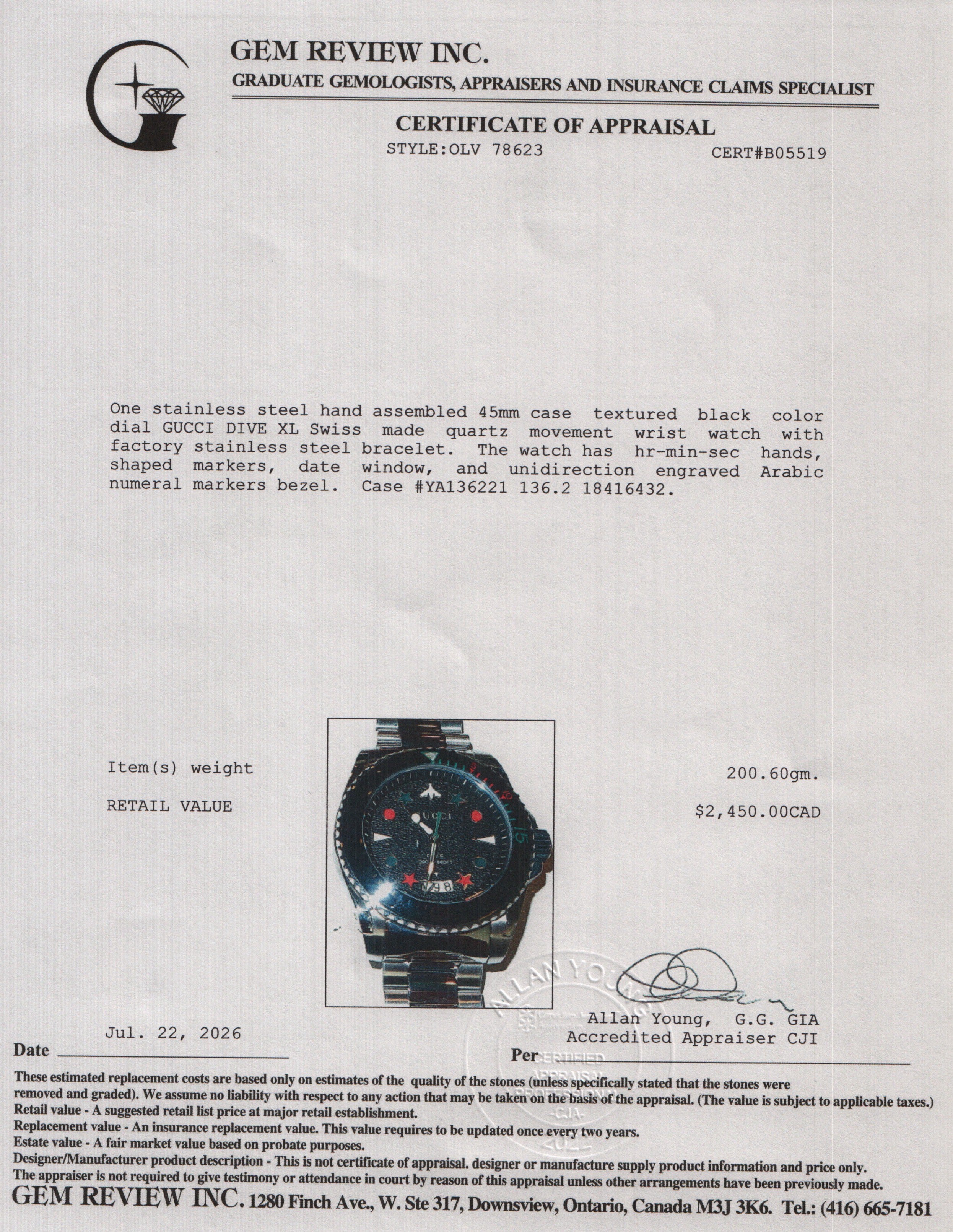 Gucci Stainless Steel Dive XL 45 MM Quartz Watch Black Dial YA136221