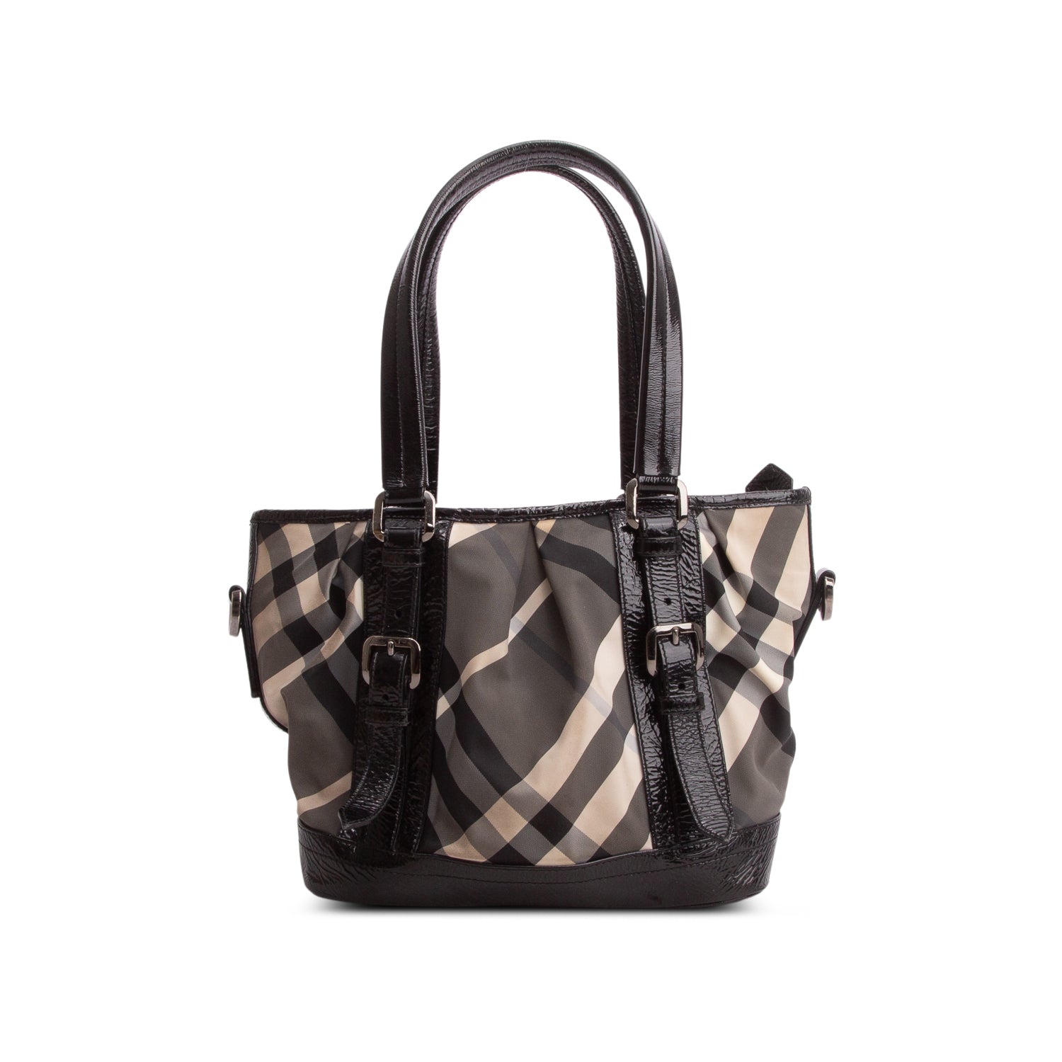Burberry Black Beat Check Nylon Patent Leather Medium Lowry Tote