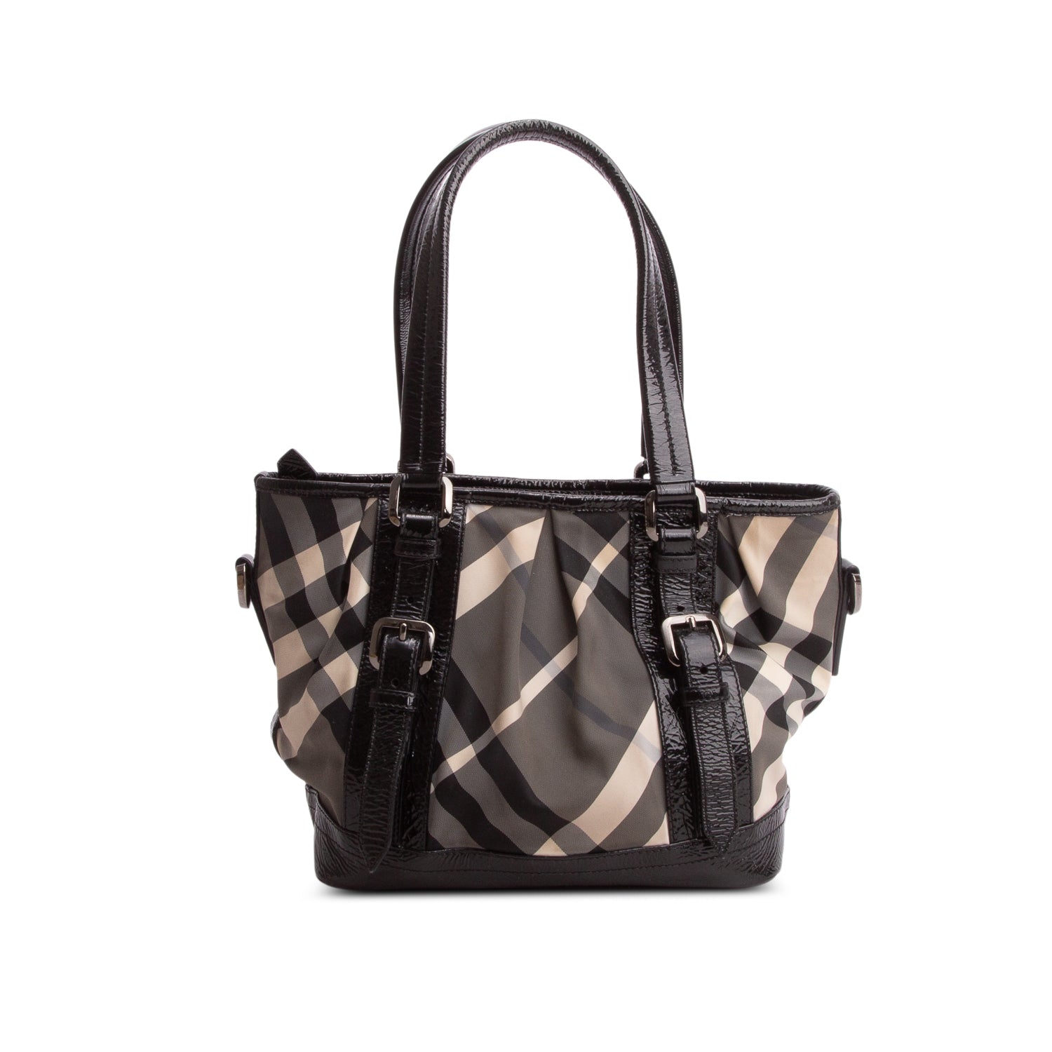 Burberry Black Beat Check Nylon Patent Leather Medium Lowry Tote