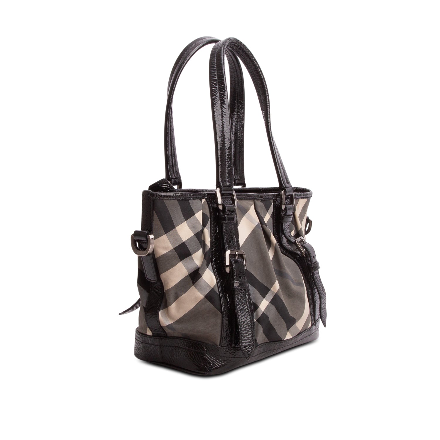 Burberry Black Beat Check Nylon Patent Leather Medium Lowry Tote