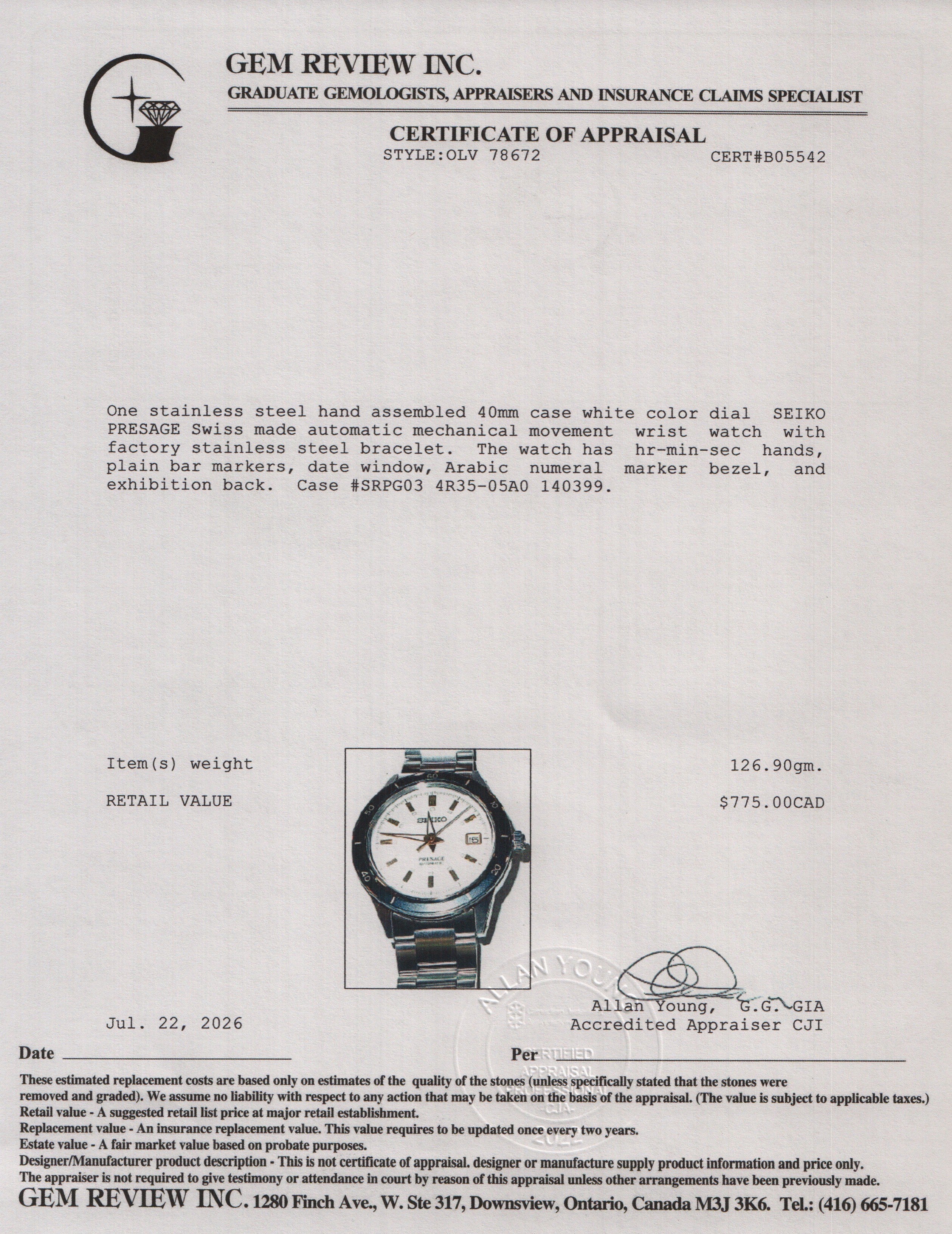 Seiko Stainless Steel Presage 40 MM Automatic Watch White Dial SRPG03 w/ Box & Papers