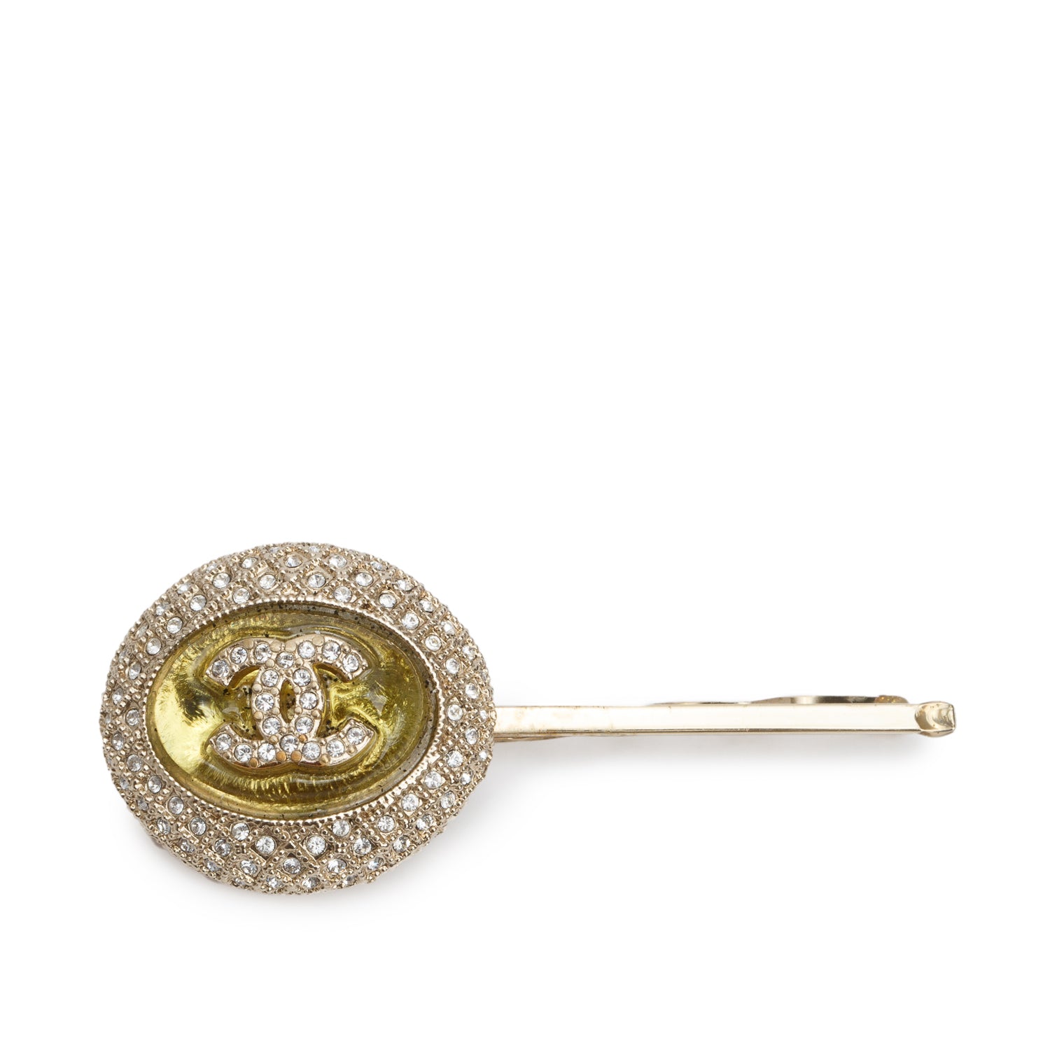 Chanel Gold-Plated Resin Strass CC Logo Hair Clip Barrette w/ Box