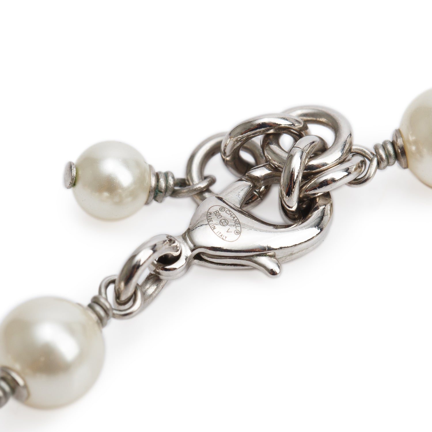 Chanel 2020 Palladium-Plated Faux Pearl & Strass CC Station Necklace w/ Box