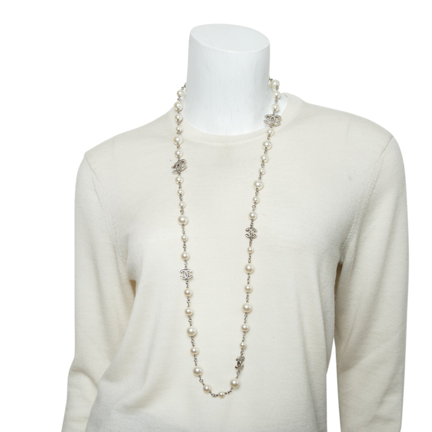 Chanel 2020 Palladium-Plated Faux Pearl & Strass CC Station Necklace w/ Box