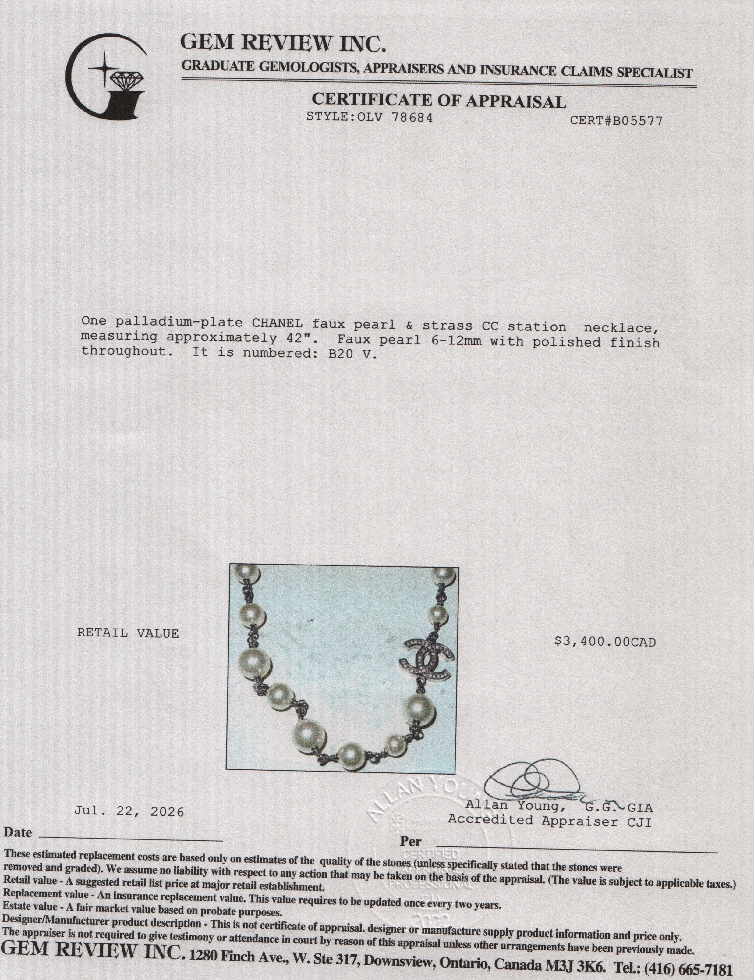 Chanel 2020 Palladium-Plated Faux Pearl & Strass CC Station Necklace w/ Box
