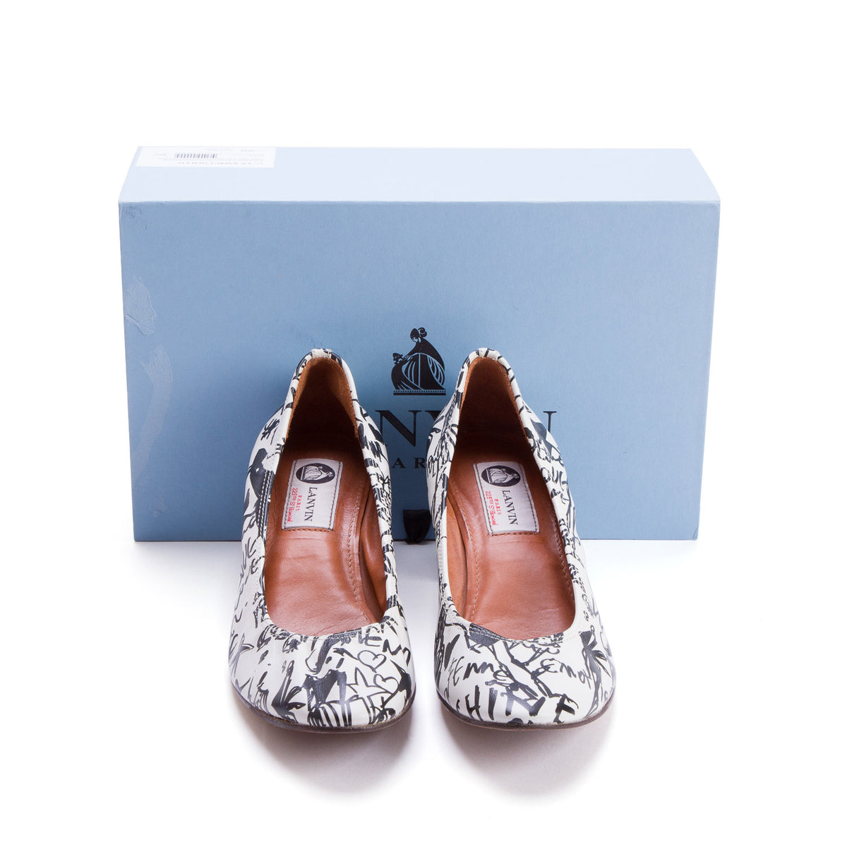 Lanvin White Calfskin Graffiti Ballerina Heels, Women's Size 37.5 w/ Box