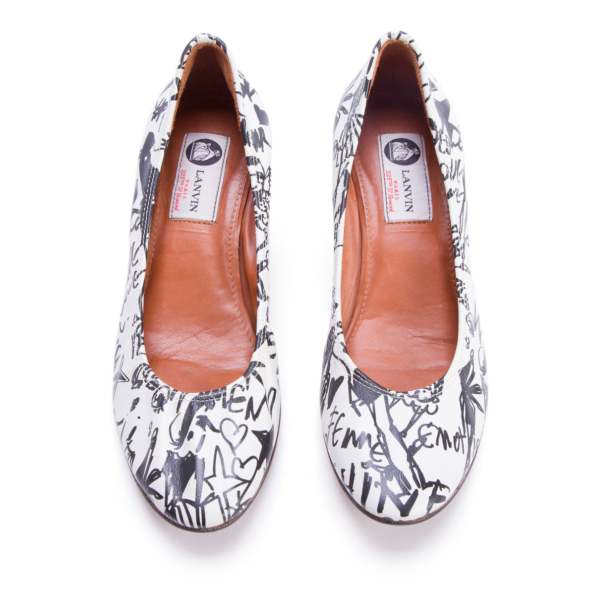 Lanvin White Calfskin Graffiti Ballerina Heels, Women's Size 37.5 w/ Box