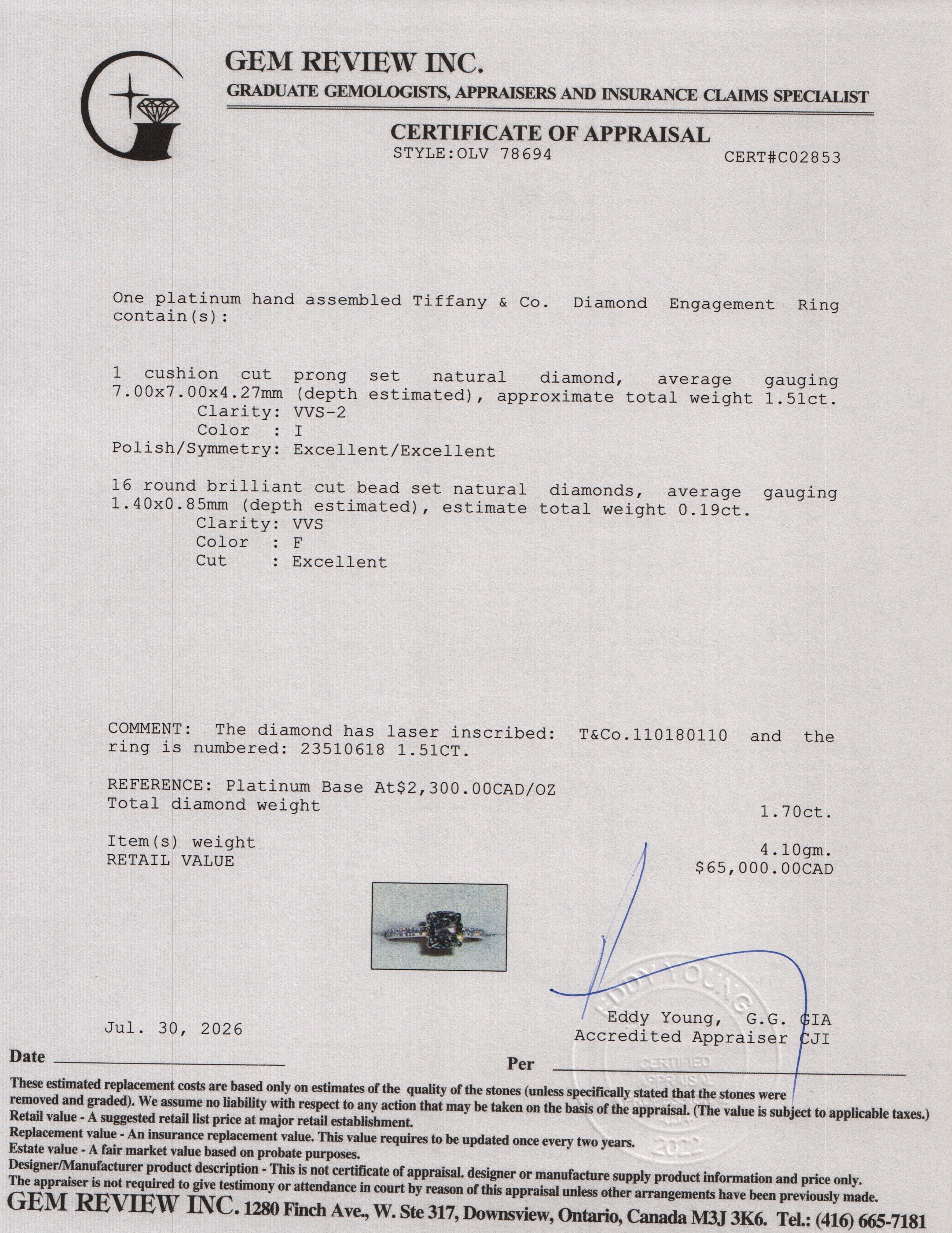 Tiffany & Co. Platinum 1.51 ct. Cushion Cut Diamond Engagement Ring, Size 6 w/ Box & Paperwork