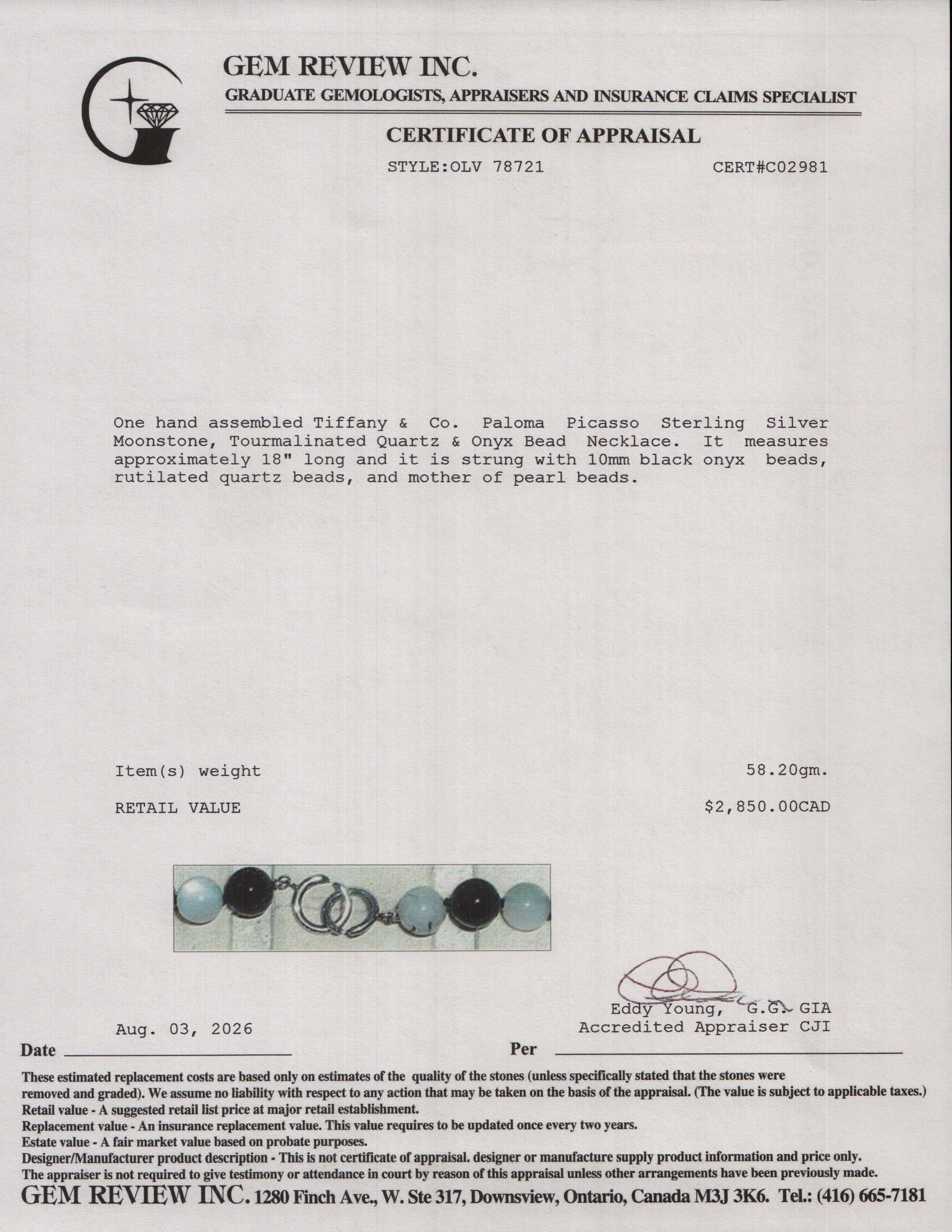Tiffany & Co. Paloma Picasso Sterling Silver Moonstone, Tourmalinated Quartz & Onyx Bead Necklace