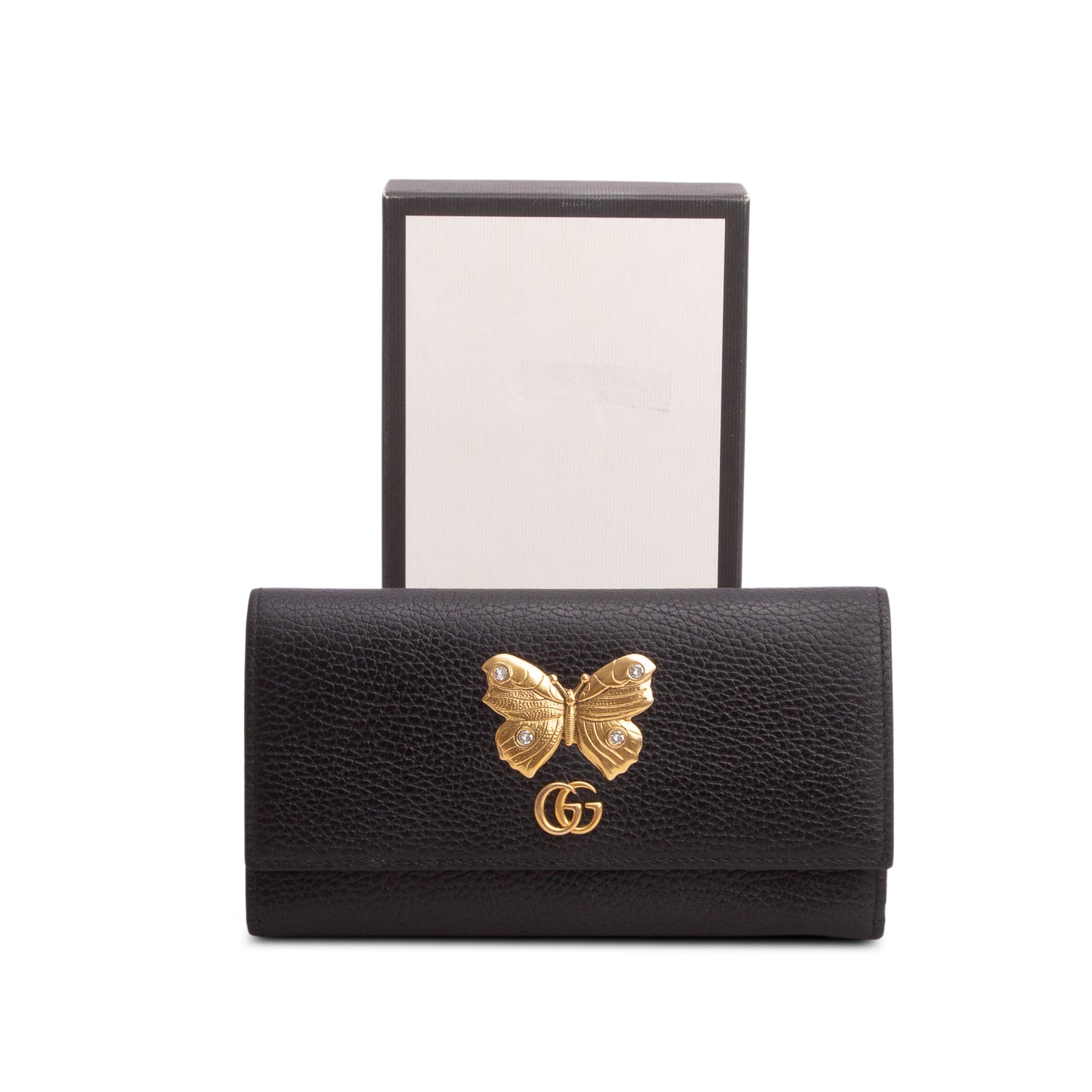 Gucci Black Pebbled Calfskin Butterfly Farfalla Continental Wallet w/ Box