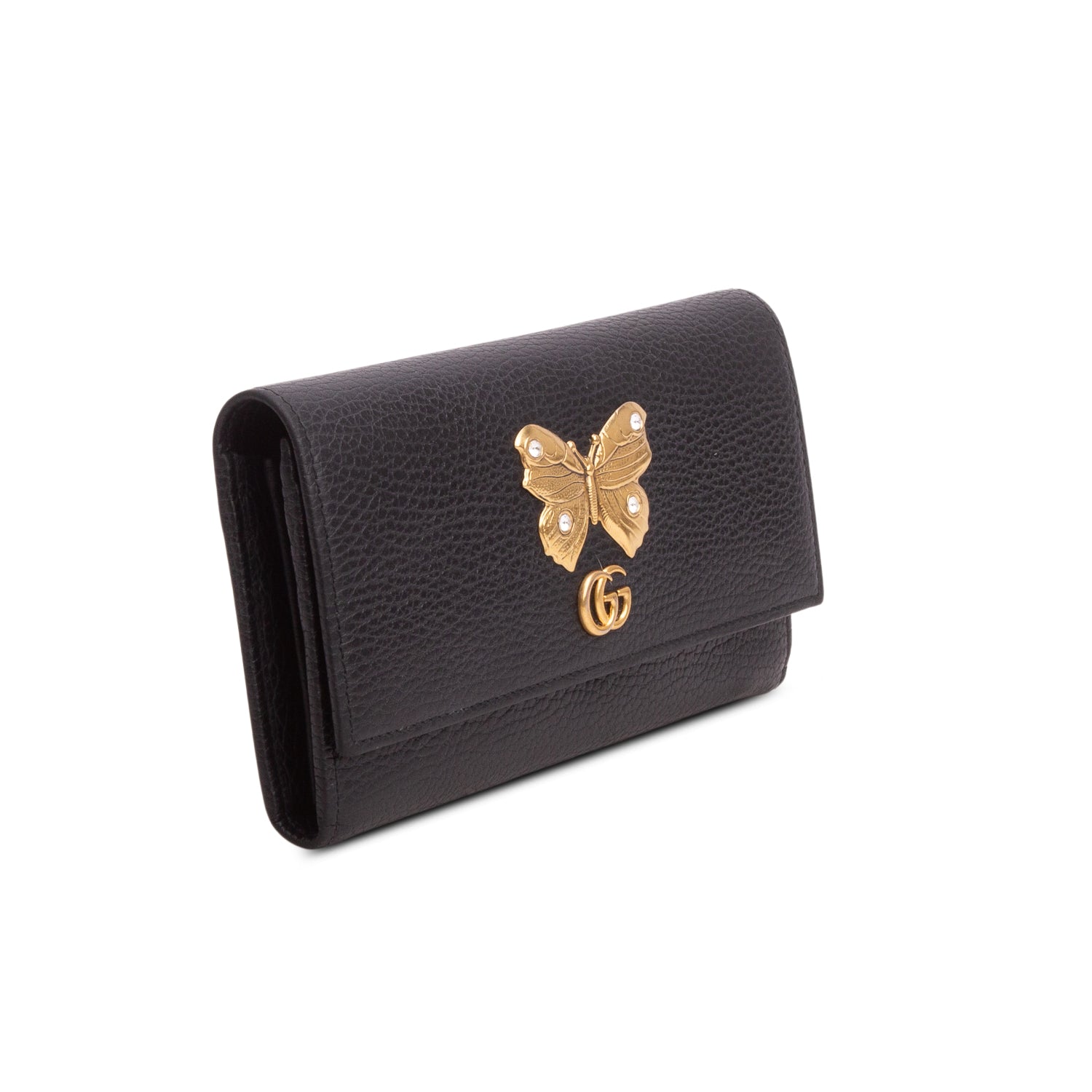 Gucci Black Pebbled Calfskin Butterfly Farfalla Continental Wallet w/ Box