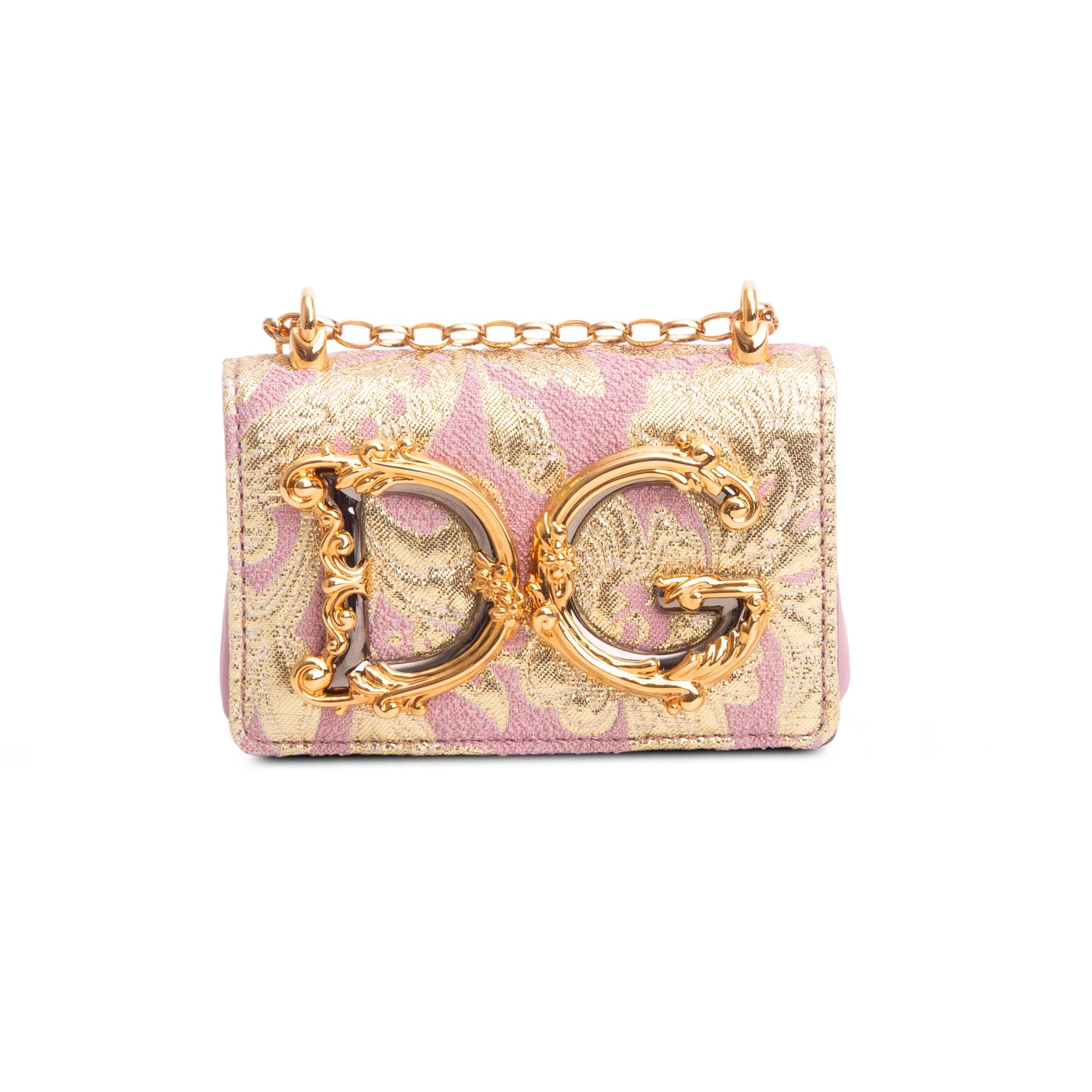 Dolce & Gabbana Pink Gold Brocade Micro DG Girls Bag w/ Authenticity Card