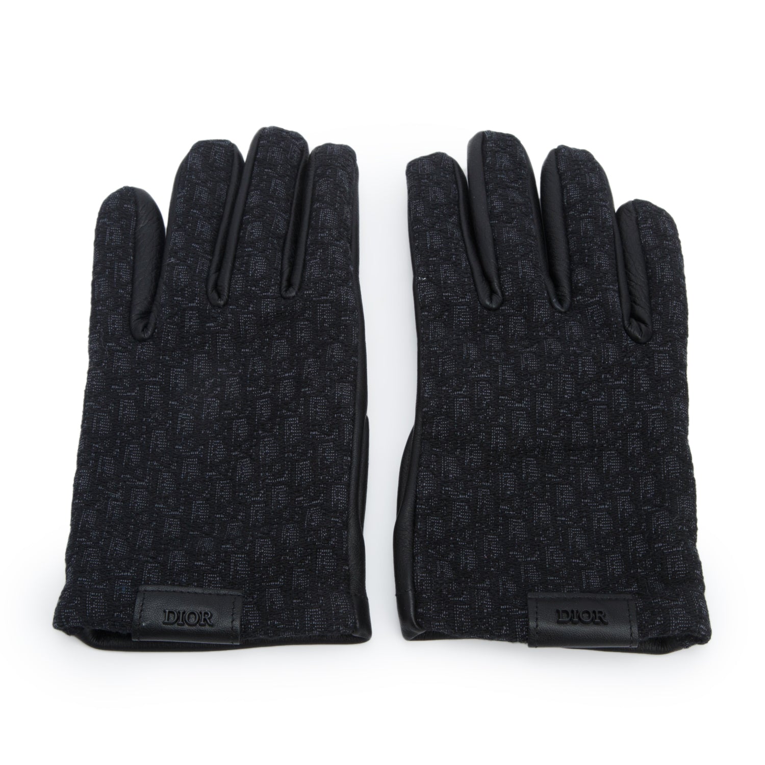 Christian Dior Black Grained Deerskin Leather Micro Oblique Jacquard Gloves, Size 8