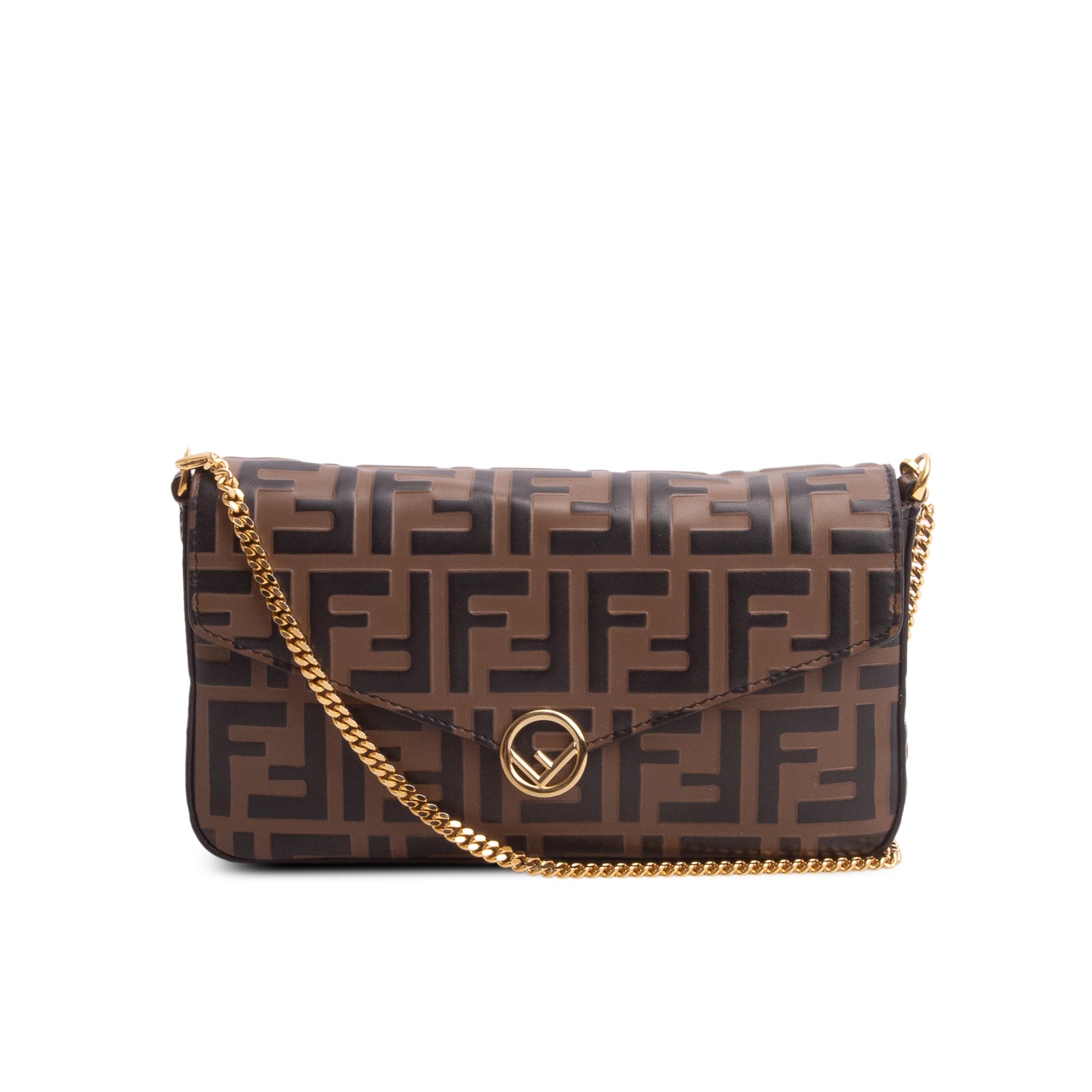 Fendi Brown Vitello Soft F is Fendi Embossed Continental Wallet on Chain w/ Box & Insert