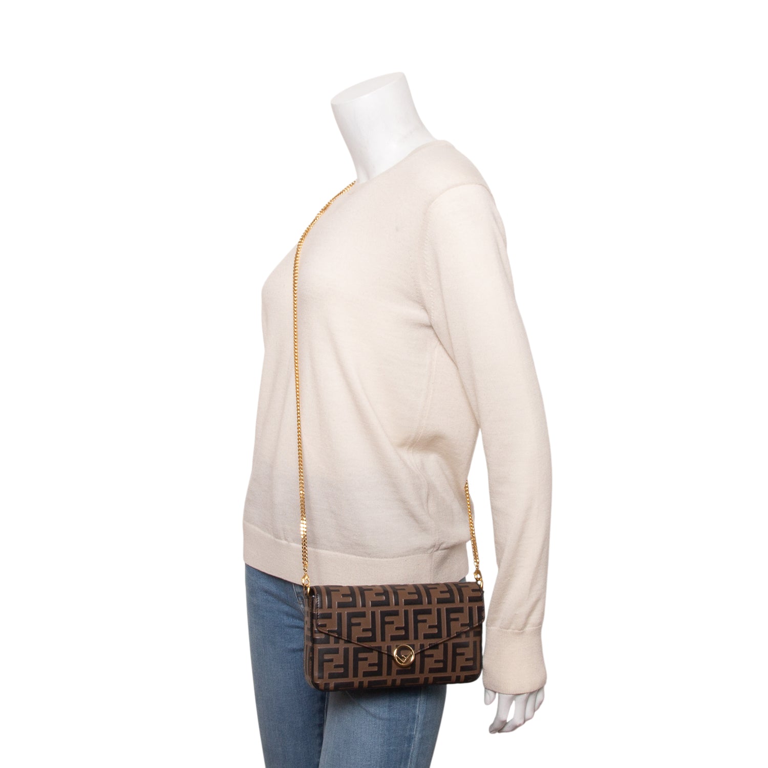 Fendi Brown Vitello Soft F is Fendi Embossed Continental Wallet on Chain w/ Box & Insert