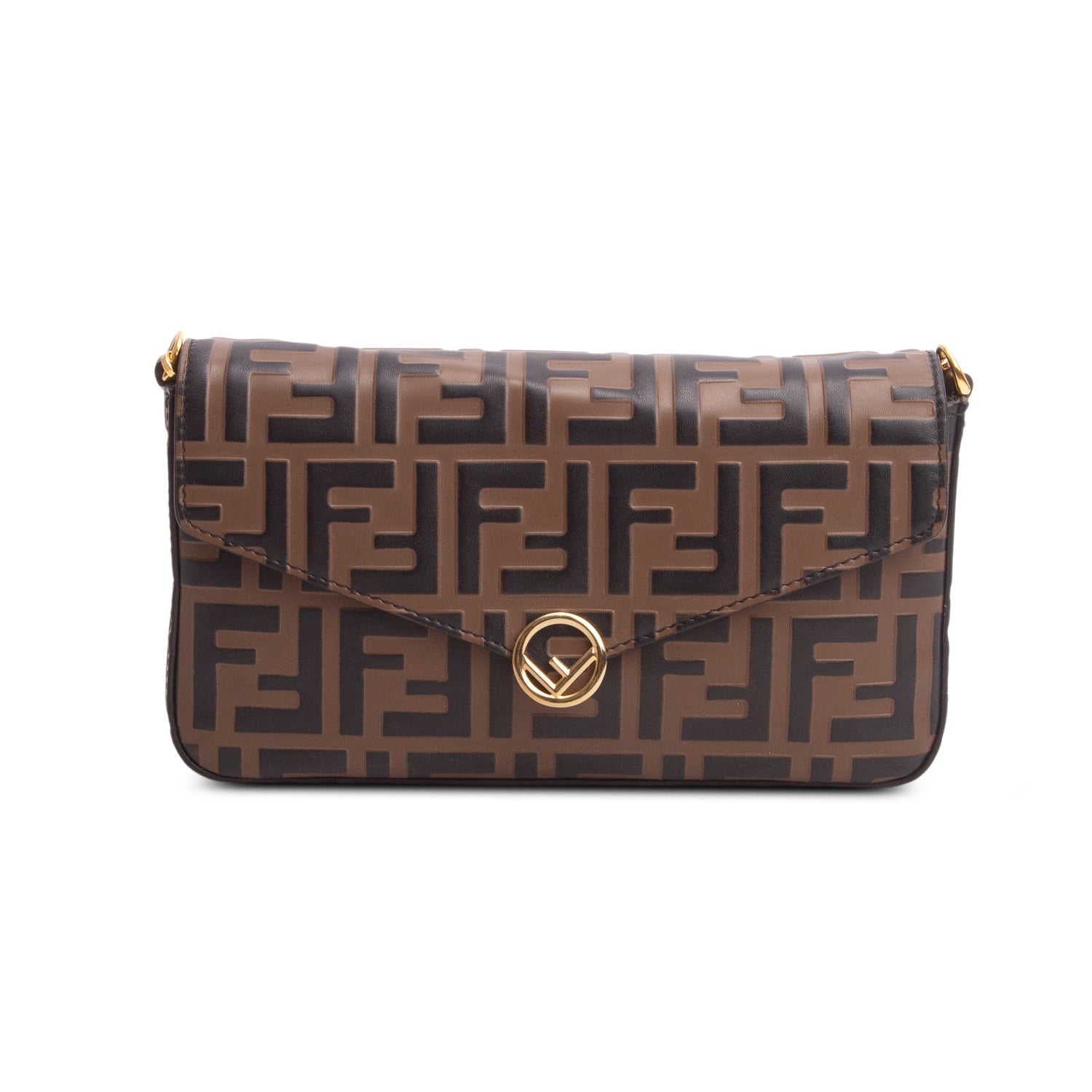 Fendi Brown Vitello Soft F is Fendi Embossed Continental Wallet on Chain w/ Box & Insert