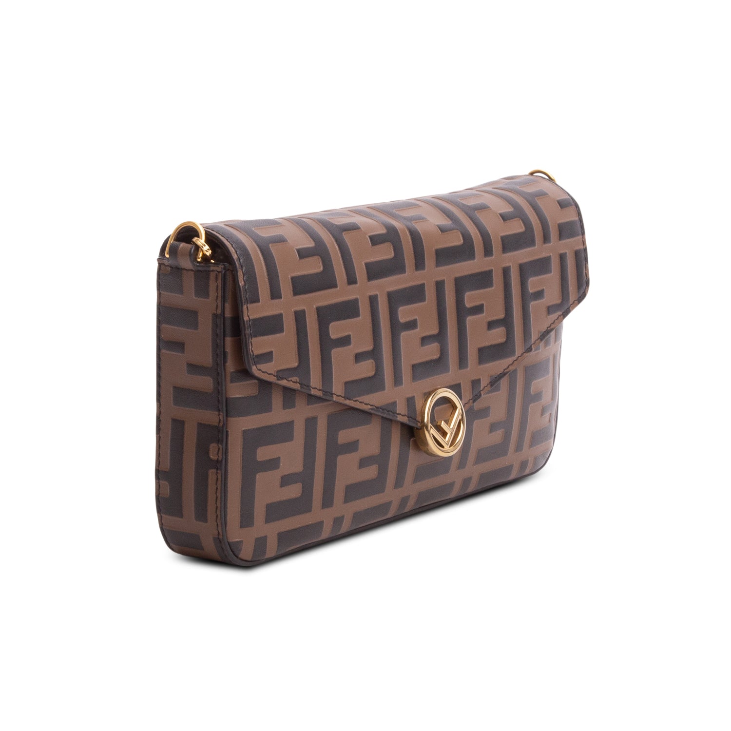 Fendi Brown Vitello Soft F is Fendi Embossed Continental Wallet on Chain w/ Box & Insert