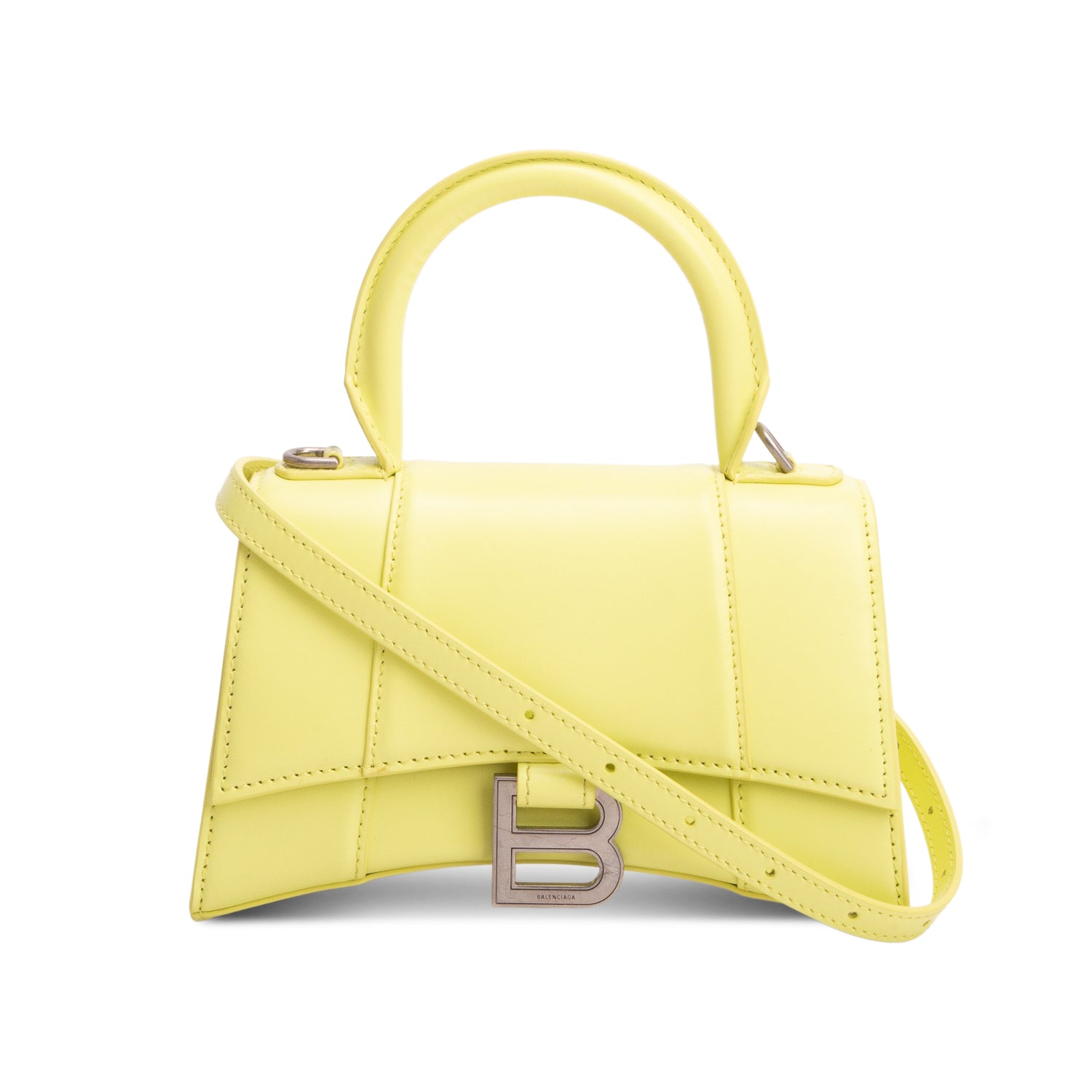 Balenciaga Yellow Shiny Box Calfskin Leather XS Hourglass Top Handle Bag w/ Strap