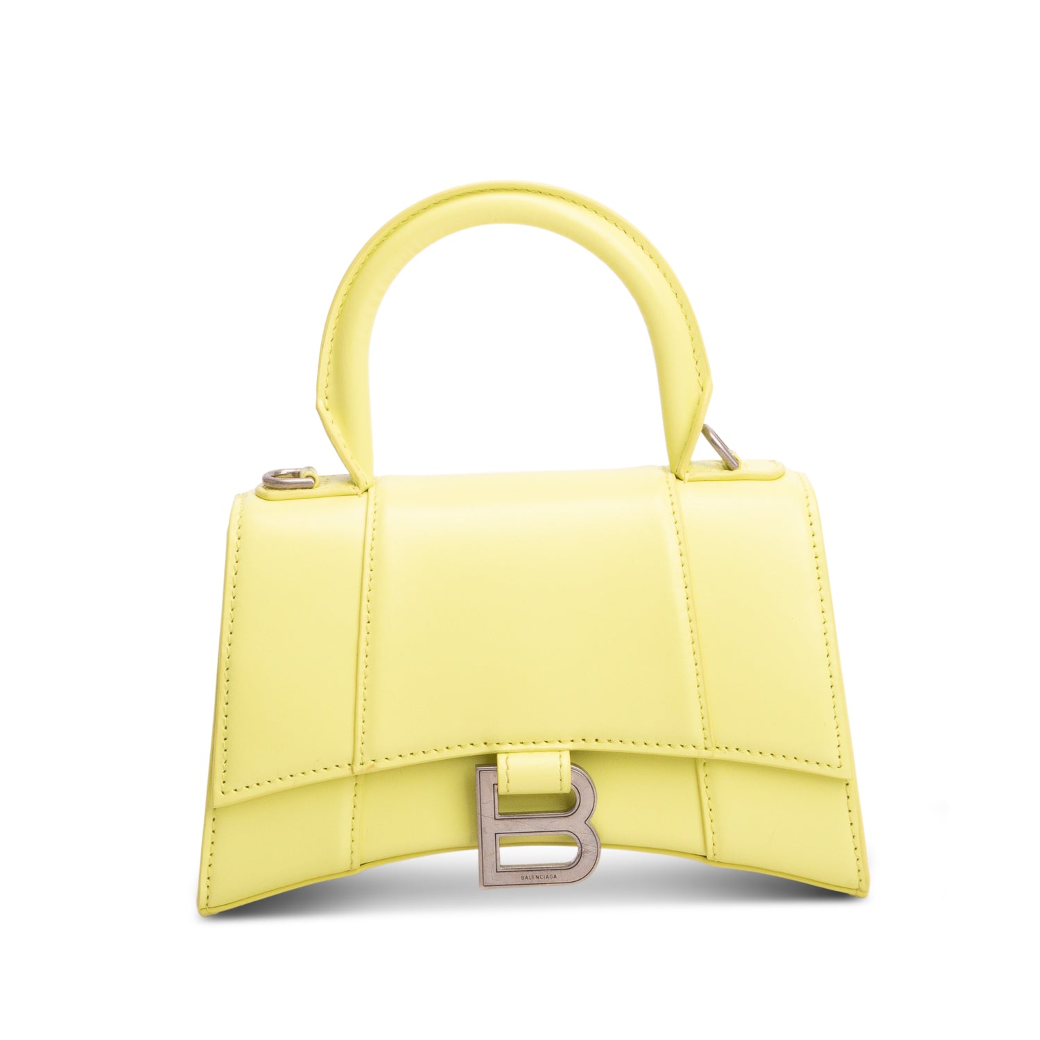 Balenciaga Yellow Shiny Box Calfskin Leather XS Hourglass Top Handle Bag w/ Strap